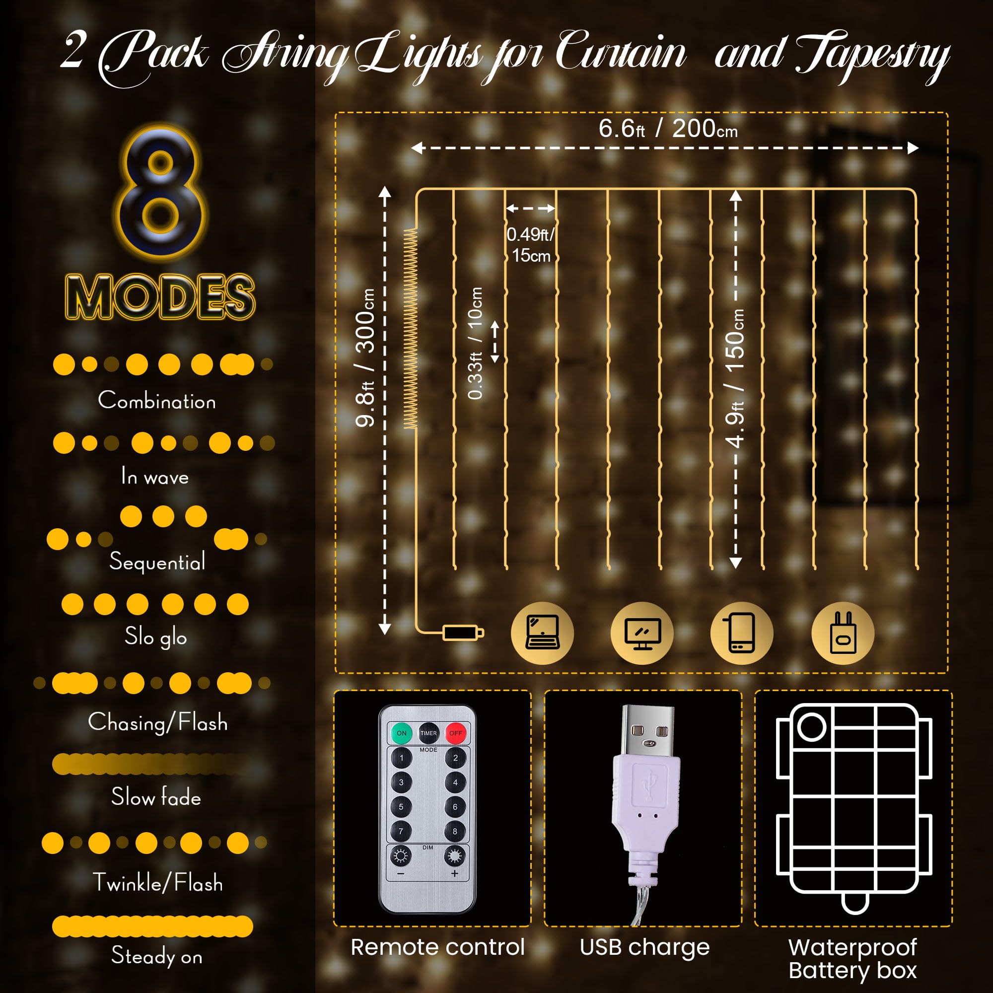195 Led Curtain Tapestry Lights Backdrop String Lights, 6.5 X 5 Feet Hanging Fairy Curtain Lights With 8 Lighting Modes And Remote For Bedroom Window Wall Indoor Outdoor Graduation Decor(2)
