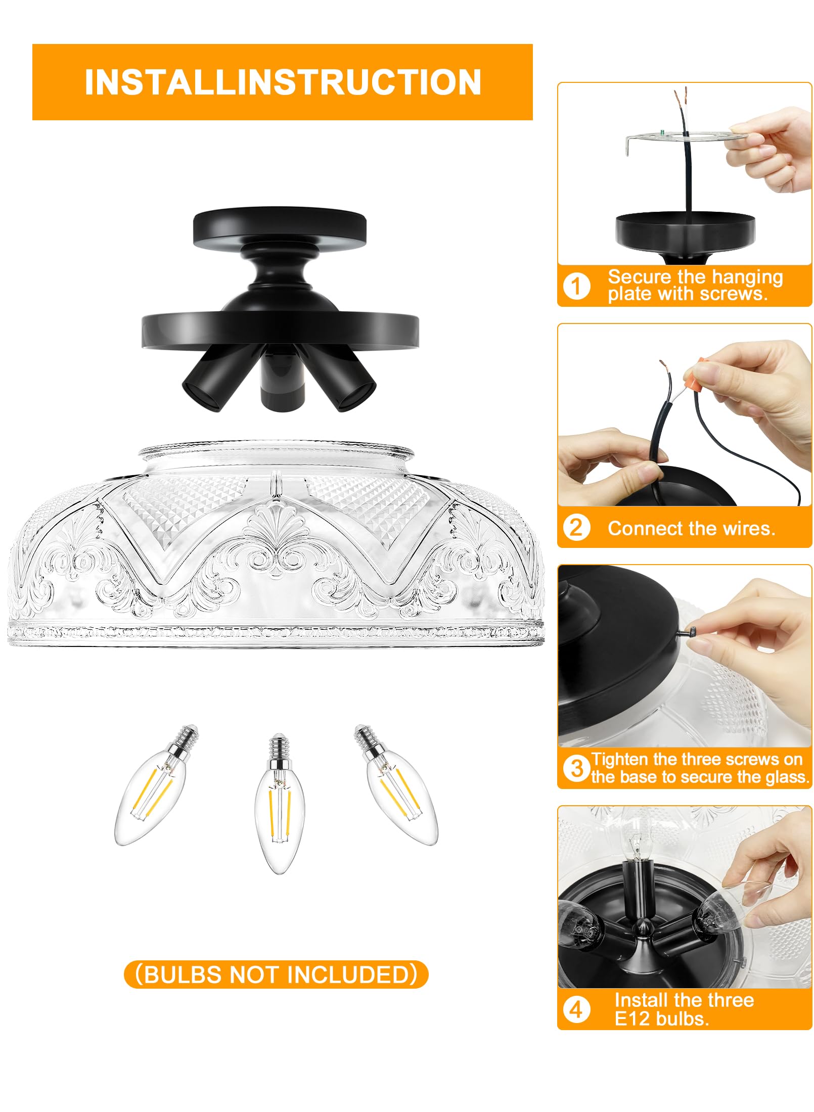 Slypadan Semi Flush Mount Ceiling Light, 12 Inch Large Gold Ceiling Light Fixture, 3-Light Globe Glass Farmhouse Kitchen Lightin