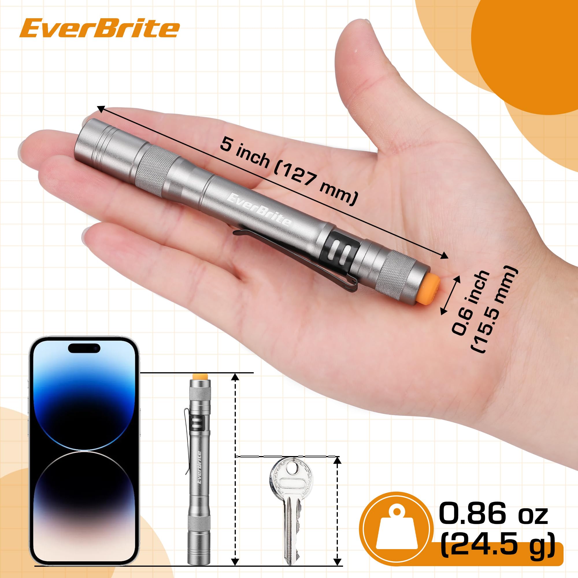 EverBrite Pen Light, 100LM LED Flashlight, Aluminum, Pack of 4, Gray, Model E101127AE