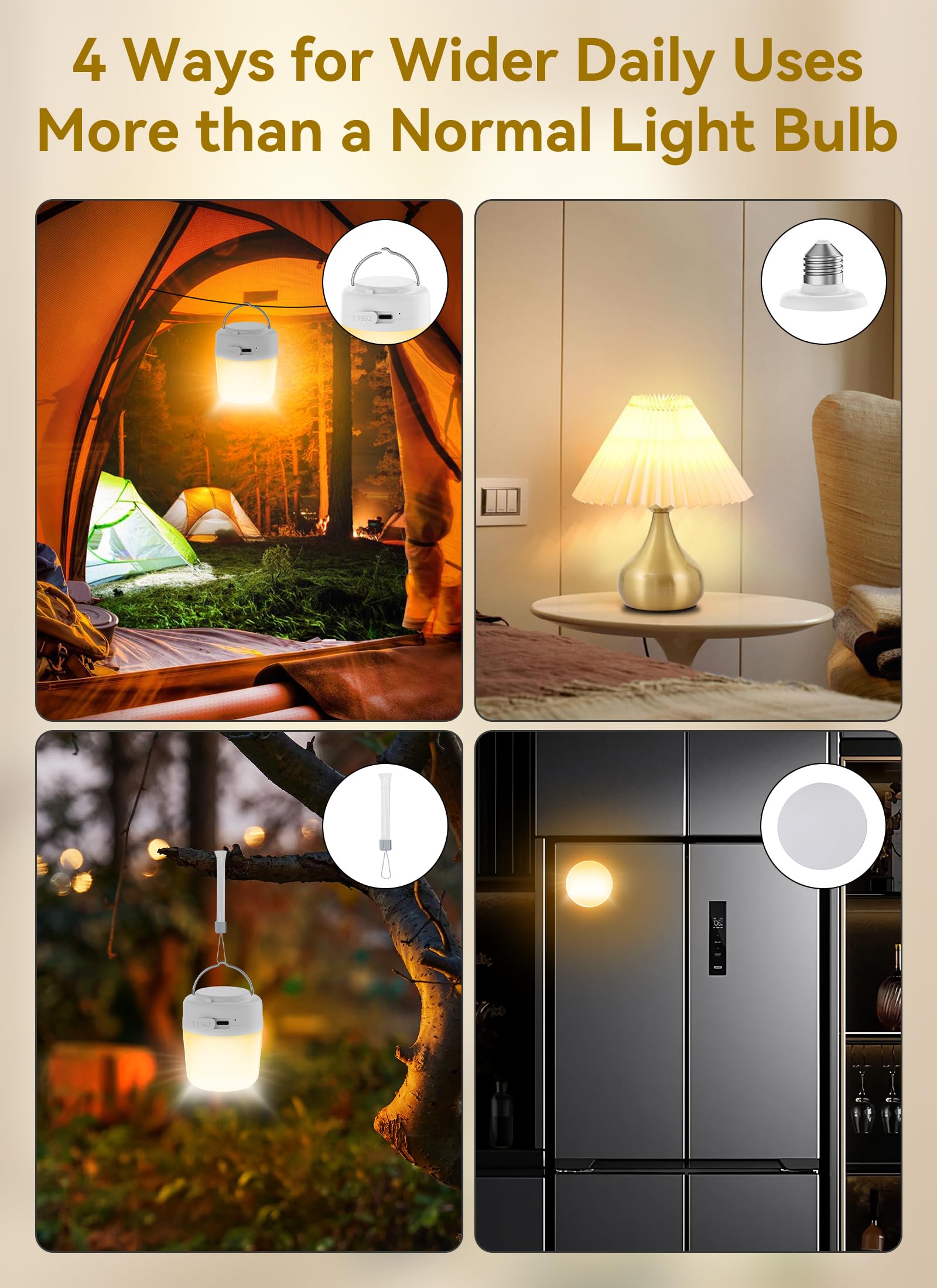 Minetom E26 Rechargeable LED Light Bulbs, Multicolor, Dimmable, 4 Pack, 2300mAh Battery Backup, Remote & Timer for Lamps & Camping
