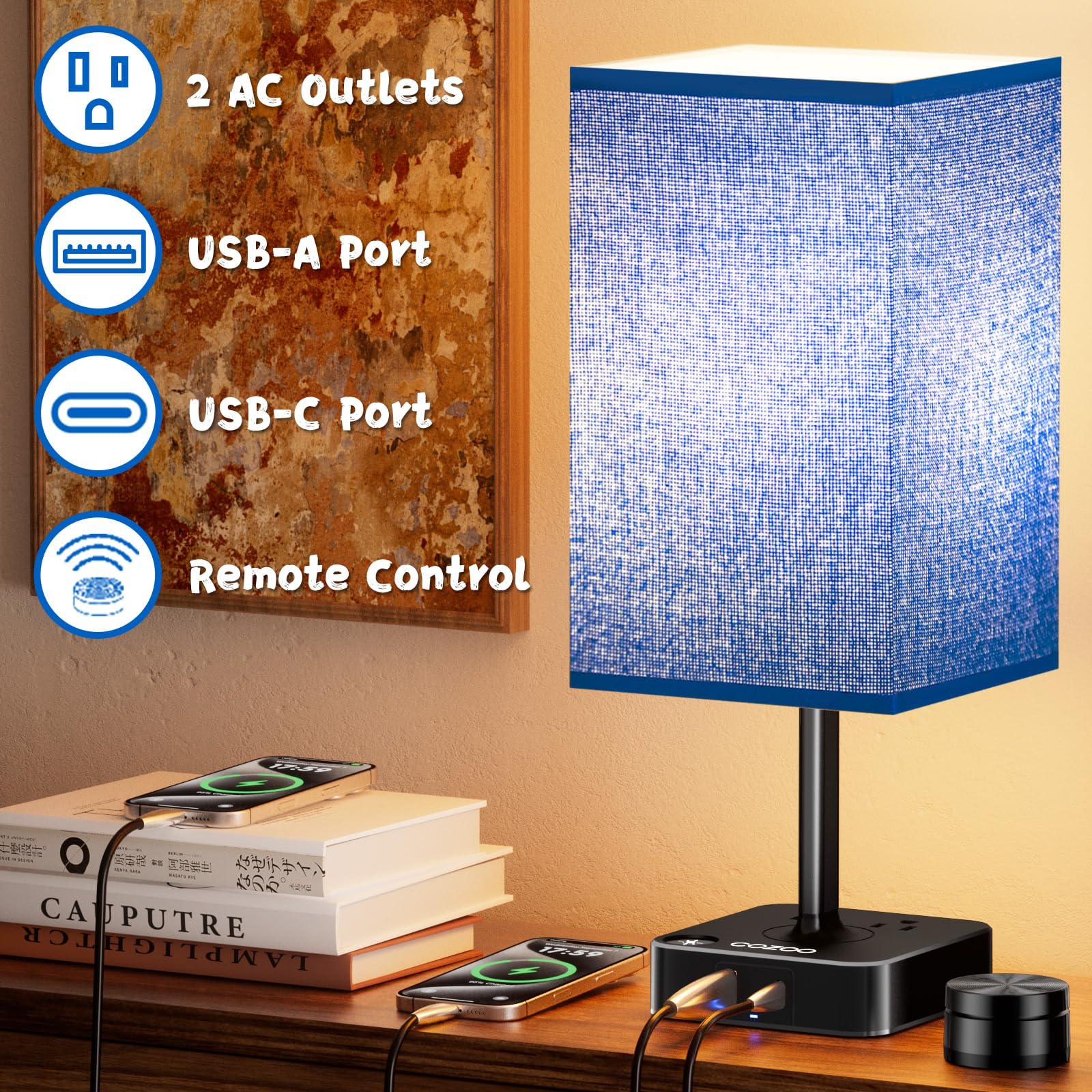 Bedside Lamp & Desk Lamp With Remote  Touch Control  Usb-C/A Ports + Outlets | Blue Fabric Shade Nightstand Table Lamp For Bedroom  Living Room Lighting | Cute Modern Boho Lamp With Charging Station