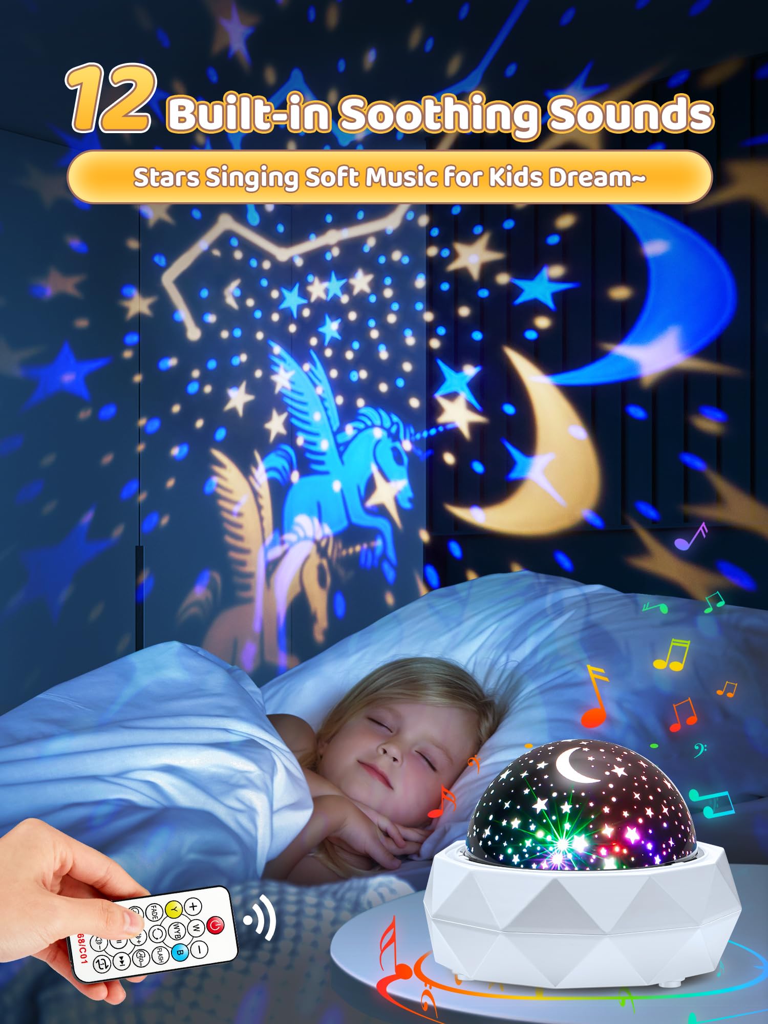 PIKOY Kids Night Light Projector T02 - 12 Lullabies, 8 Colors, 360° Remote Control, White, Ideal for Bedroom & Baby Gifts