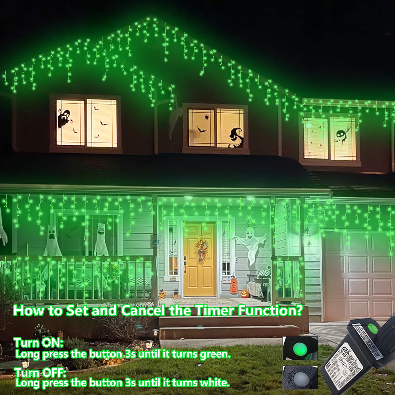 YEGUO Icicle Christmas Lights, 400 LED, 33ft, Waterproof, Green, 8 Modes, Model JT-EL/FC300V0200-C