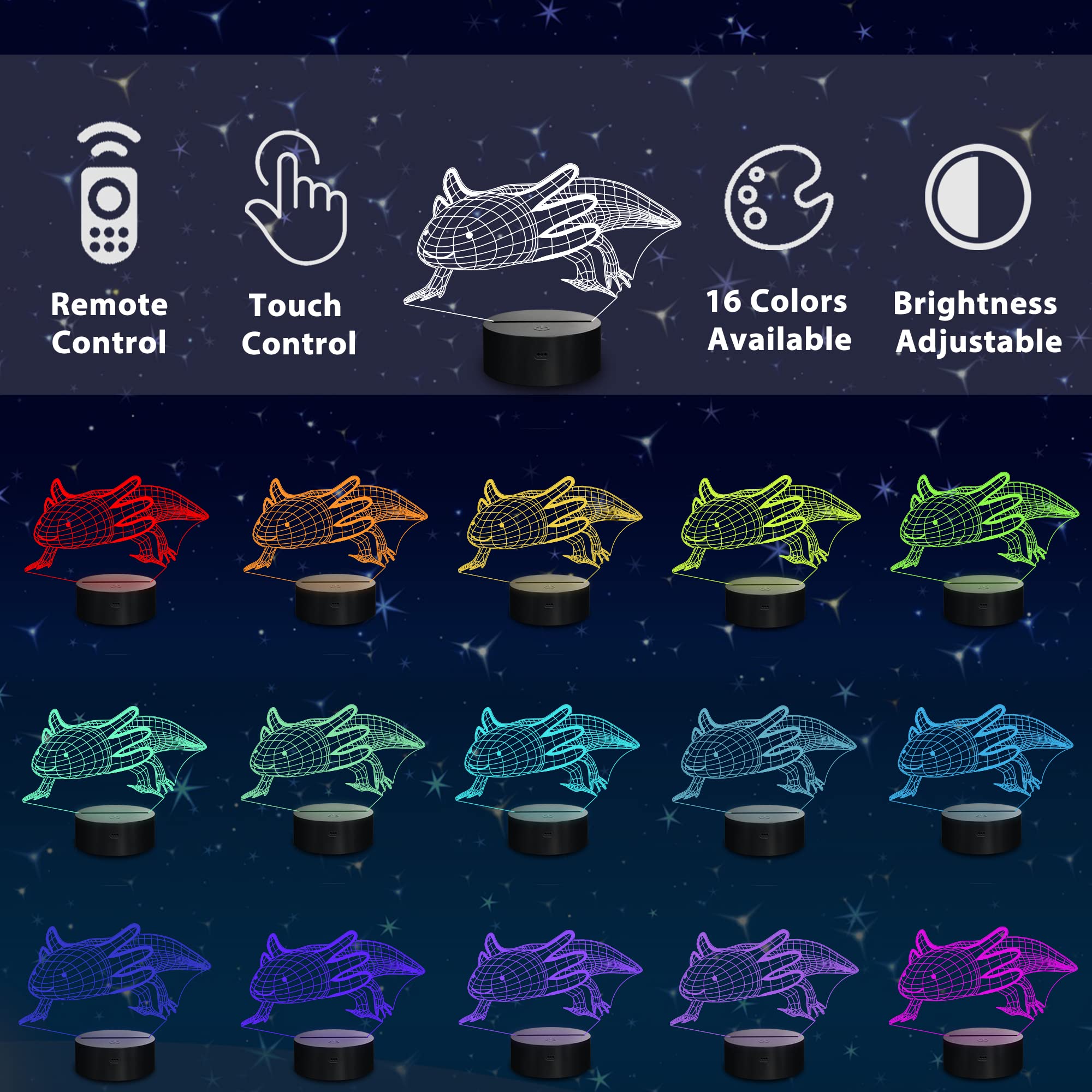 Lampeez Axolotl Gifts 3D Axolotl Lamp Night Light 3D Illusion Lamp For Kids, 16 Colors Changing With Remote, Kids Bedroom Decor