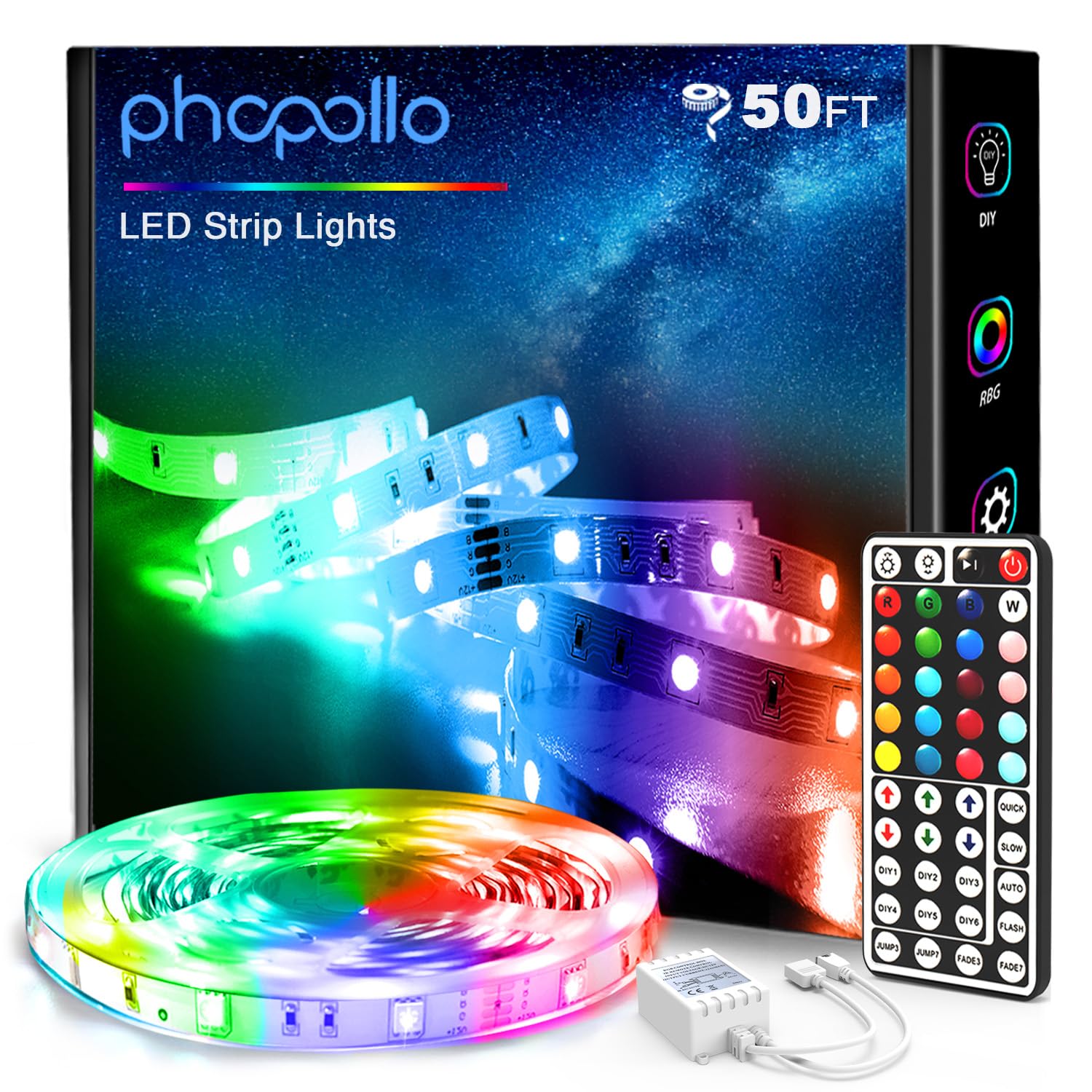 Phopollo Led Strip Lights 50Ft, Multicolor 5050 With Ir Remote & 12V Power Supply - Model Ph49Rgb53Wus
