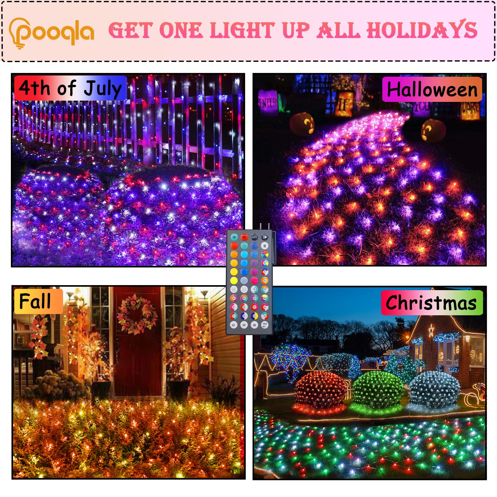 Pooqla Color Changing LED Mesh Lights, 204 LED, 9.8x6.6 ft, Durable Plastic, White, Connectable with Remote for Indoor/Outdoor Decor