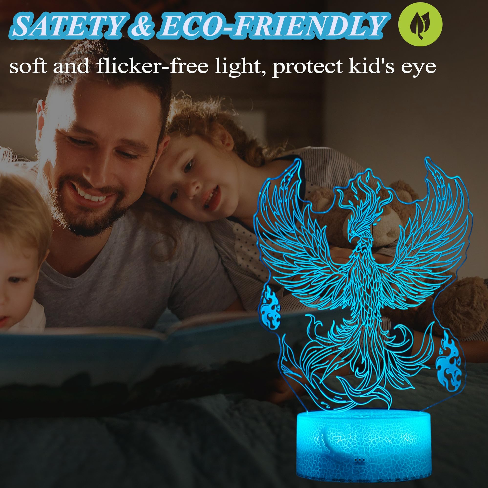 Posshe Phoenix Night Light, 3D Illusion Lamp, Phoenix Stuff With 16 Colors Changing, Remote Control, Dimmable, Kids Room Decorat
