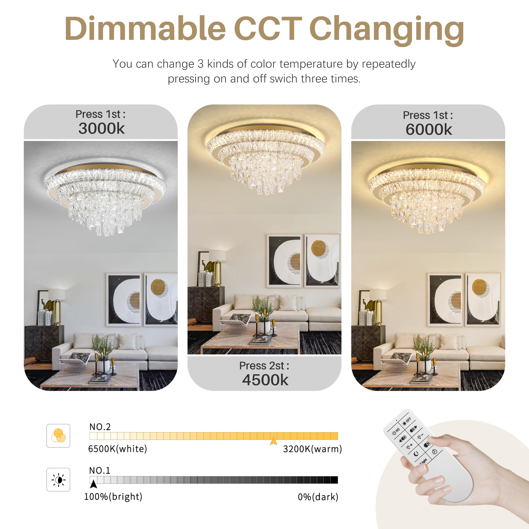 COCOSTAR 24" Gold LED Crystal Raindrop Ceiling Light Fixture, Dimmable with Remote Control, Model A401-24-GD