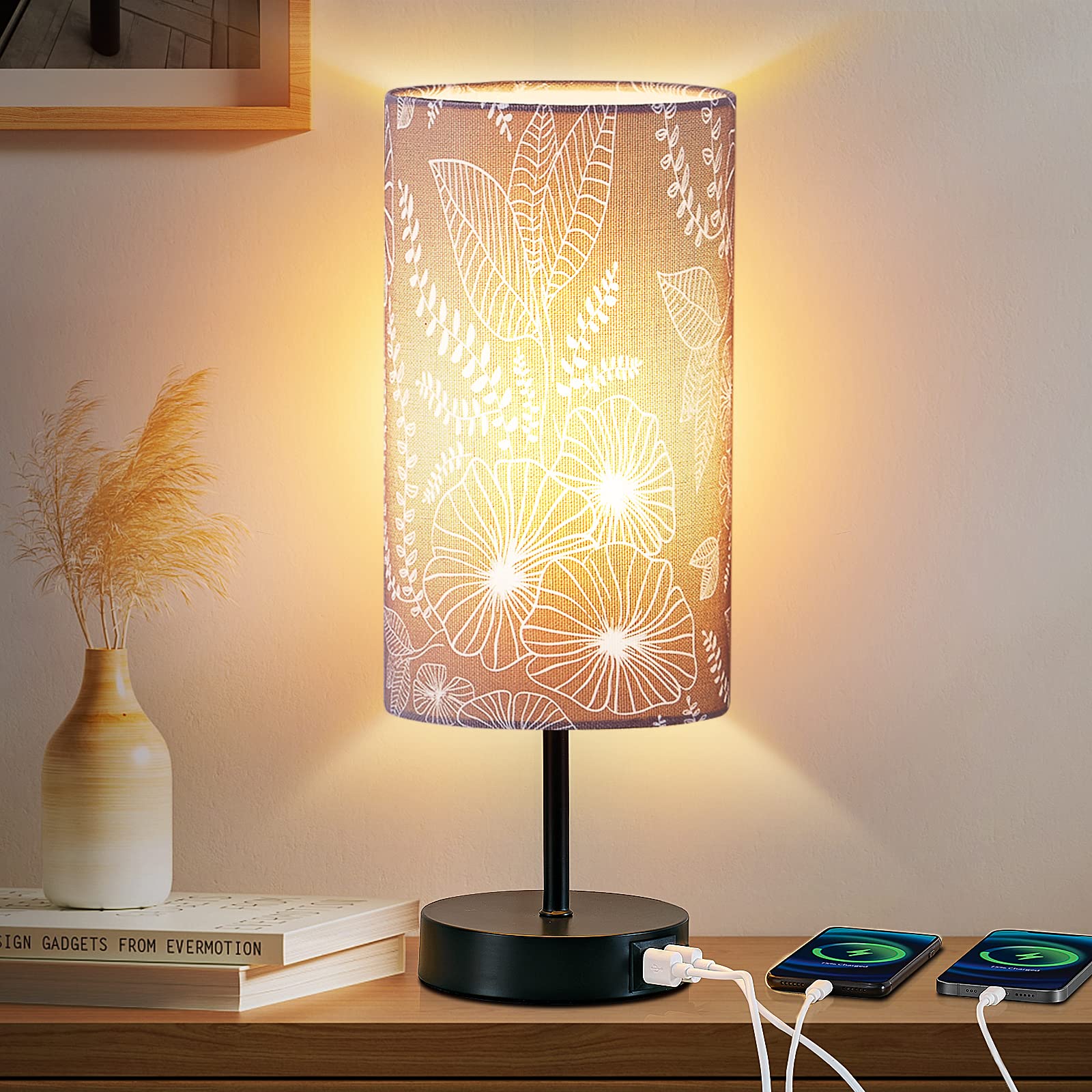 CINSARY Touch Control Bedside Lamp with 2 USB Ports, 3-Way Dimmable Table lamp for Bedroom, Nightstand Lamp with Round Grey Fabr
