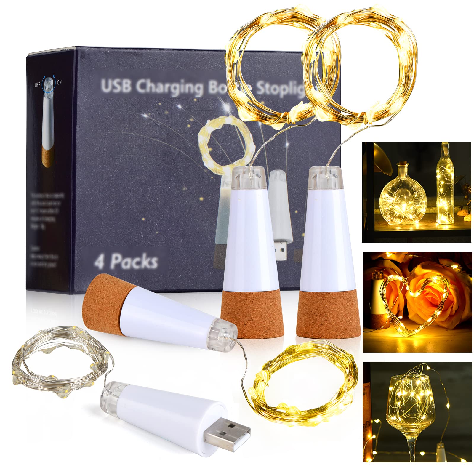 Godinsky Wine Bottle Lights with Cork Switch for Liquor Bottles 4 Pack Rechargeable Battery Operated 20 Led Bottle Stopper Warm String Fairy Lights Indoor Christmas Wedding Halloween Decorations