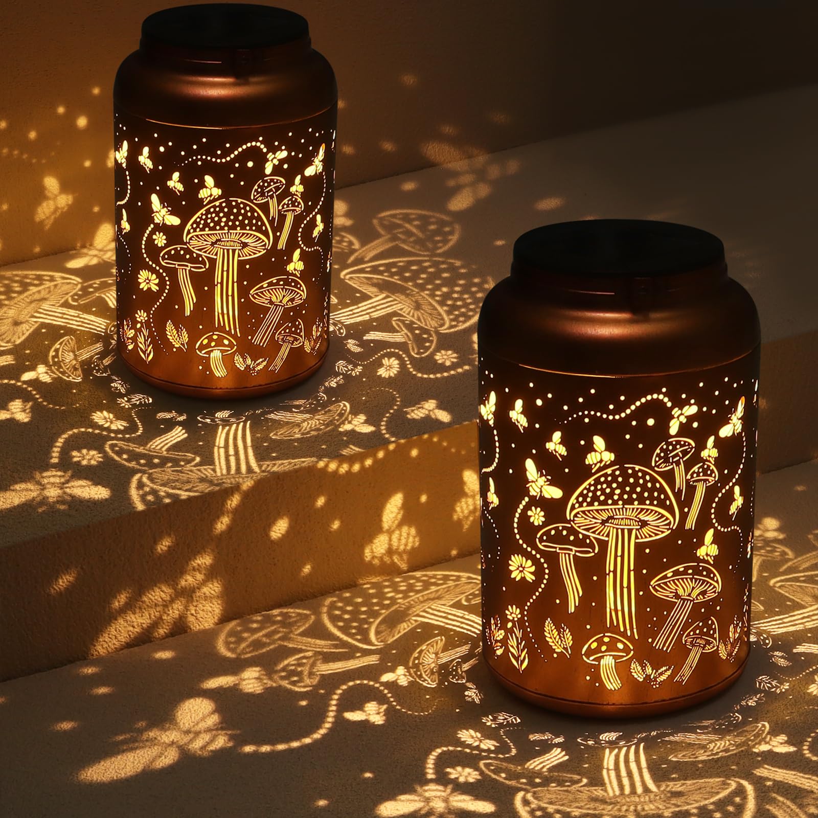Tepaken 2 Pack Solar Lanterns Outdoor Waterproof, Mushroom Garden Decor Gifts for Women Mom Grandma Hanging Solar Lights Metal Solar Decoration Outside LED Lanterns for Yard, Patio, Lawn
