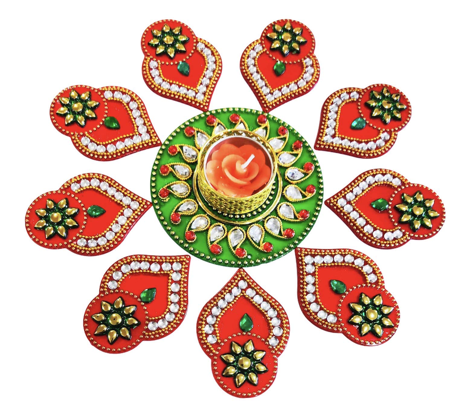Moira Rangoli with Diya 11 pcs Set (Red & Green) 10-11 inch reusable
