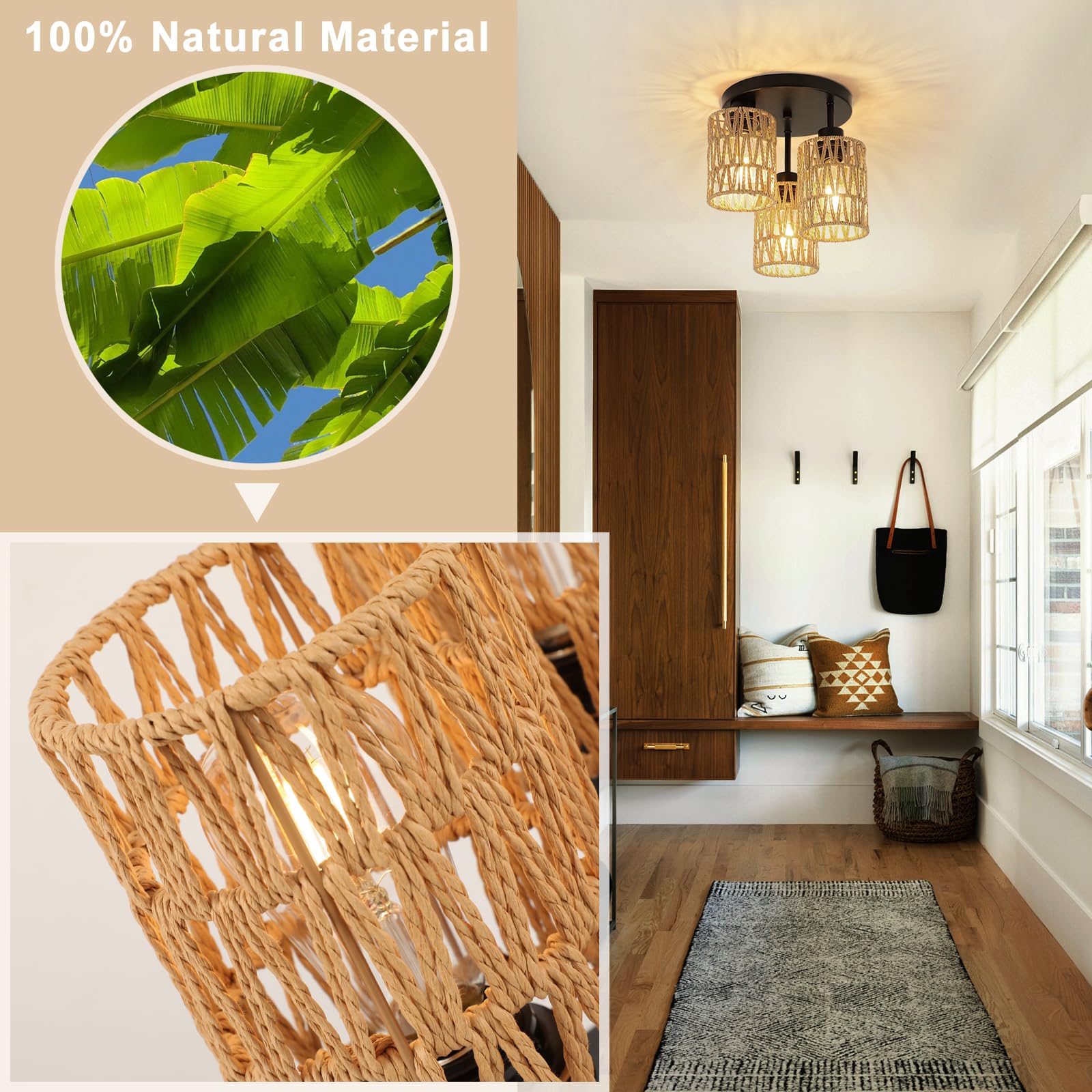 Foucasal Boho Light Fixtures Ceiling Mount, 3-Light Boho Flush Mount Ceiling Light, Rattan Woven Chandelier Lighting For Farmhou