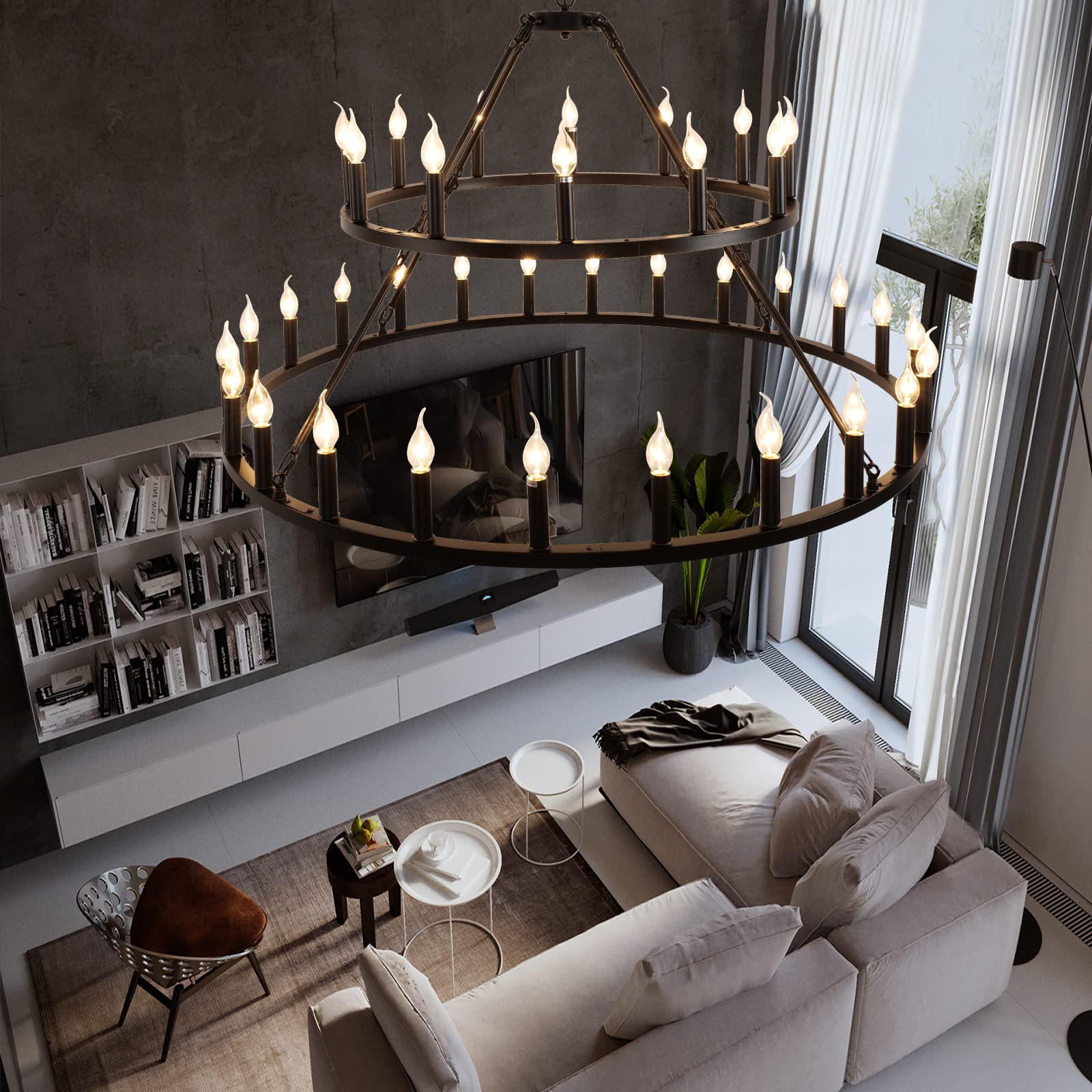WOGON WEEL 2 Tier 36-Light Wagon Wheel Chandelier, 48-inch Black Rustic Pendant Light for High Ceilings, Model chelun005