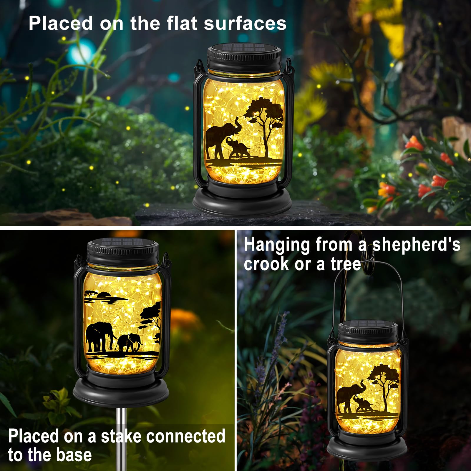 Yjfwal 2 Pack Outdoor Hanging Solar Lanterns, Elephants Theme Vintage Glass Mason Jar Solar Fairy Lights, Gifts For Mom, Grandma