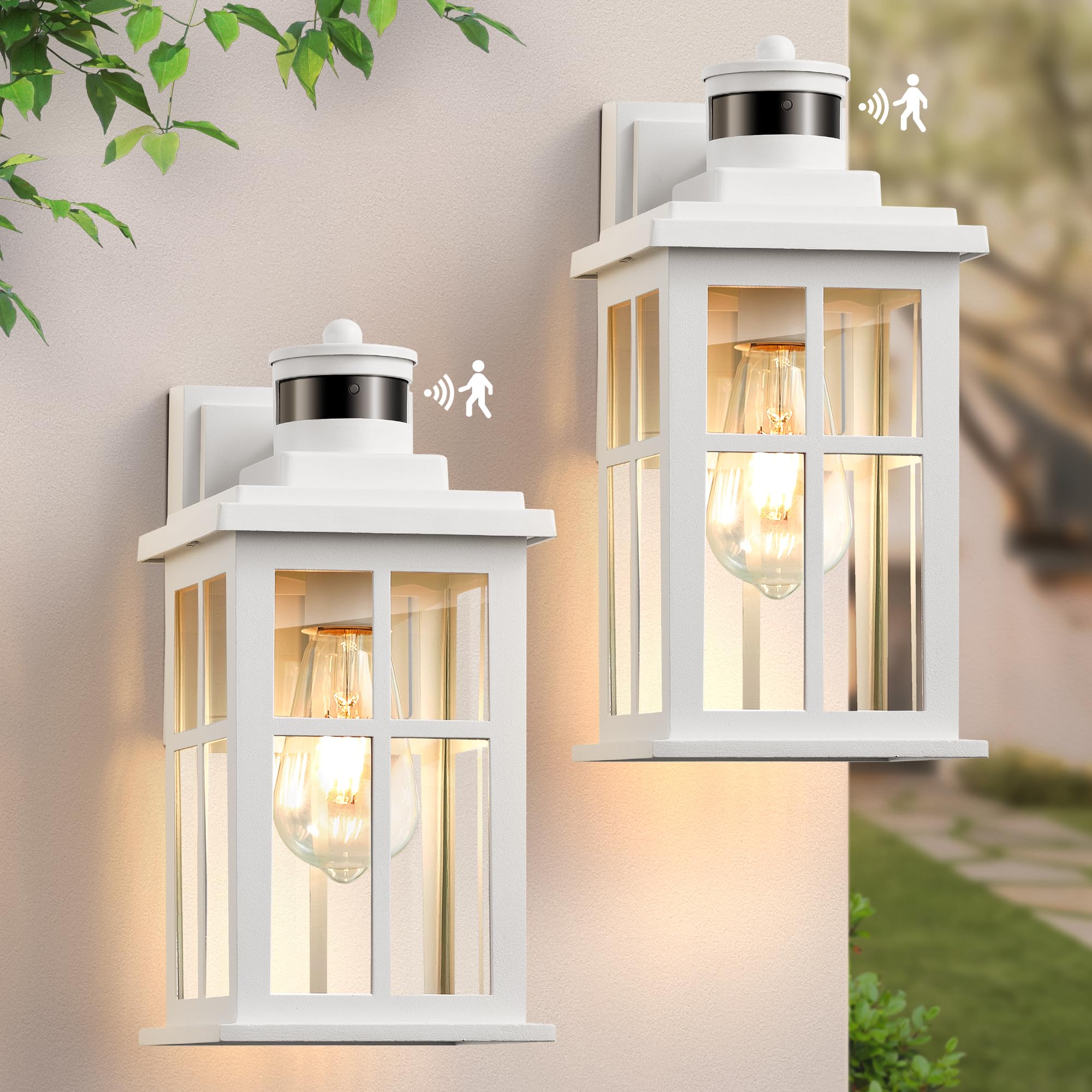 Opaxis White Motion Sensor Light Outdoor, 2 Pack Dusk To Dawn Outside Lights For House, Anti-Rust Exterior Light Fixture, Waterproof Porch Light For House, Garage, Balcony, Weather Resistant