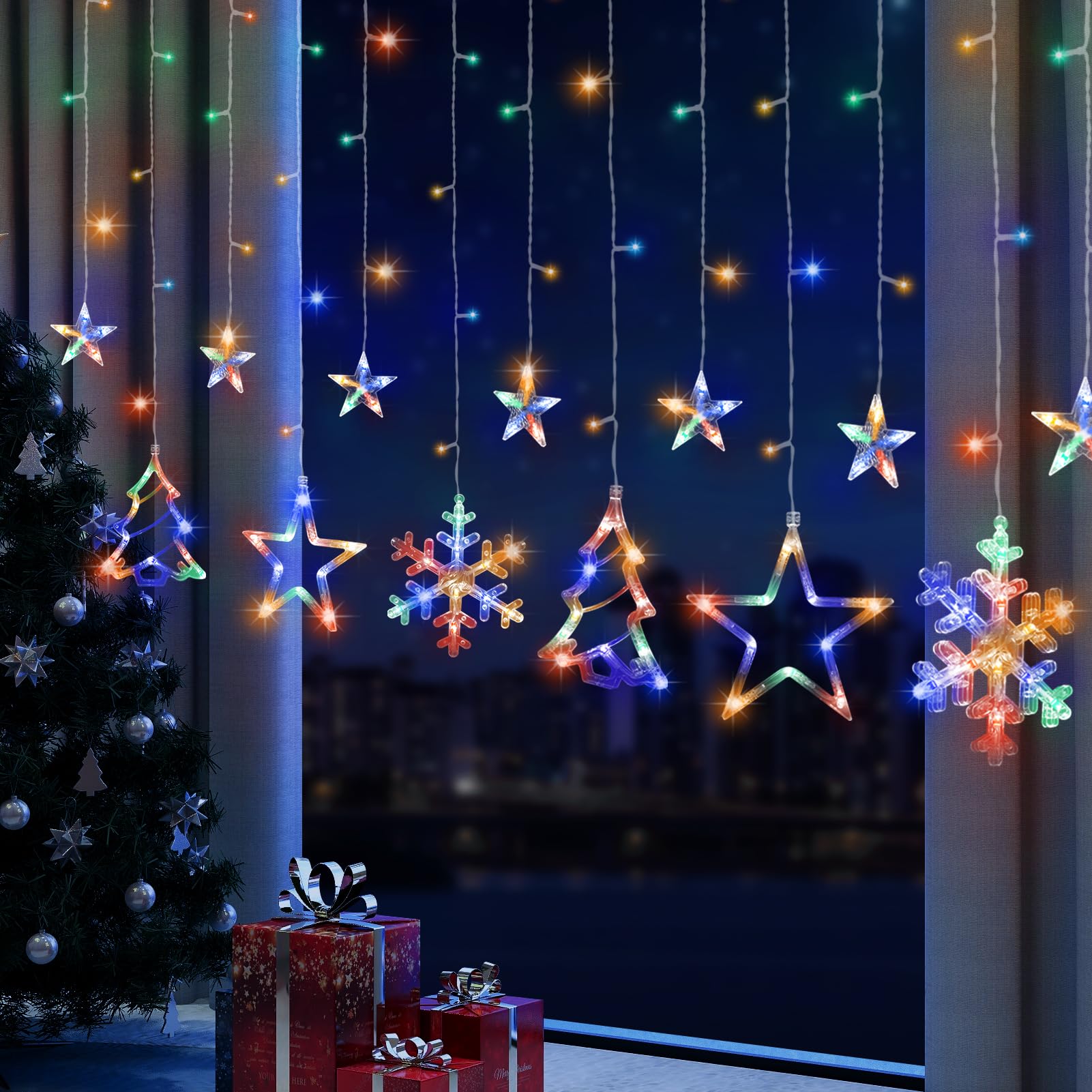 Christmas Window Lights Decorations, 138 LED Christmas Curtain Lights with 8 Lighting Modes, Christmas Tree Snowflake Star String Lights for Christmas, Weddings, Parties, Room Decor(Multi-Colored)