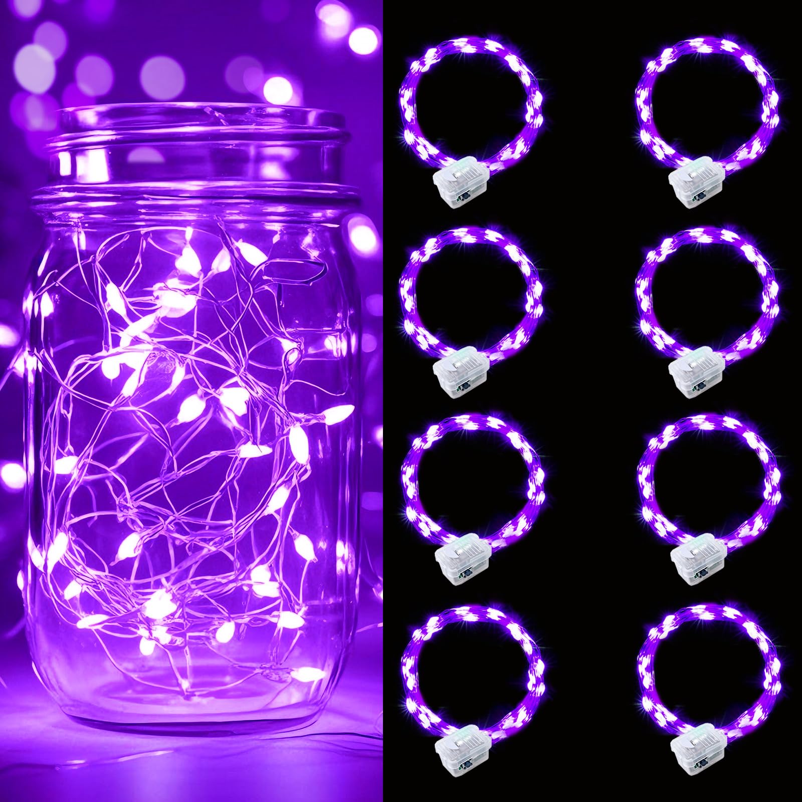 pozzolanas 8 Pack Purple Battery Operated String Lights - 7ft Waterproof Fairy Lights with 20 LEDs for Home, Mason Jar, Party, W