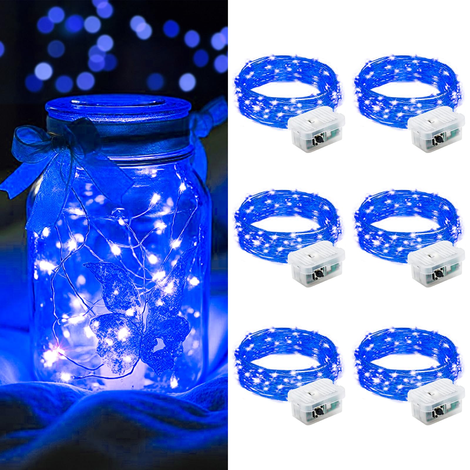 Aikei 6 Pack Led Fairy Lights Battery Operated  Mini String Lights Waterproof 7Ft 20 Led Firefly Starry Lighting For Wedding Party Bedroom Garden Halloween Christmas Inodoor Outdoor Decorations Blue