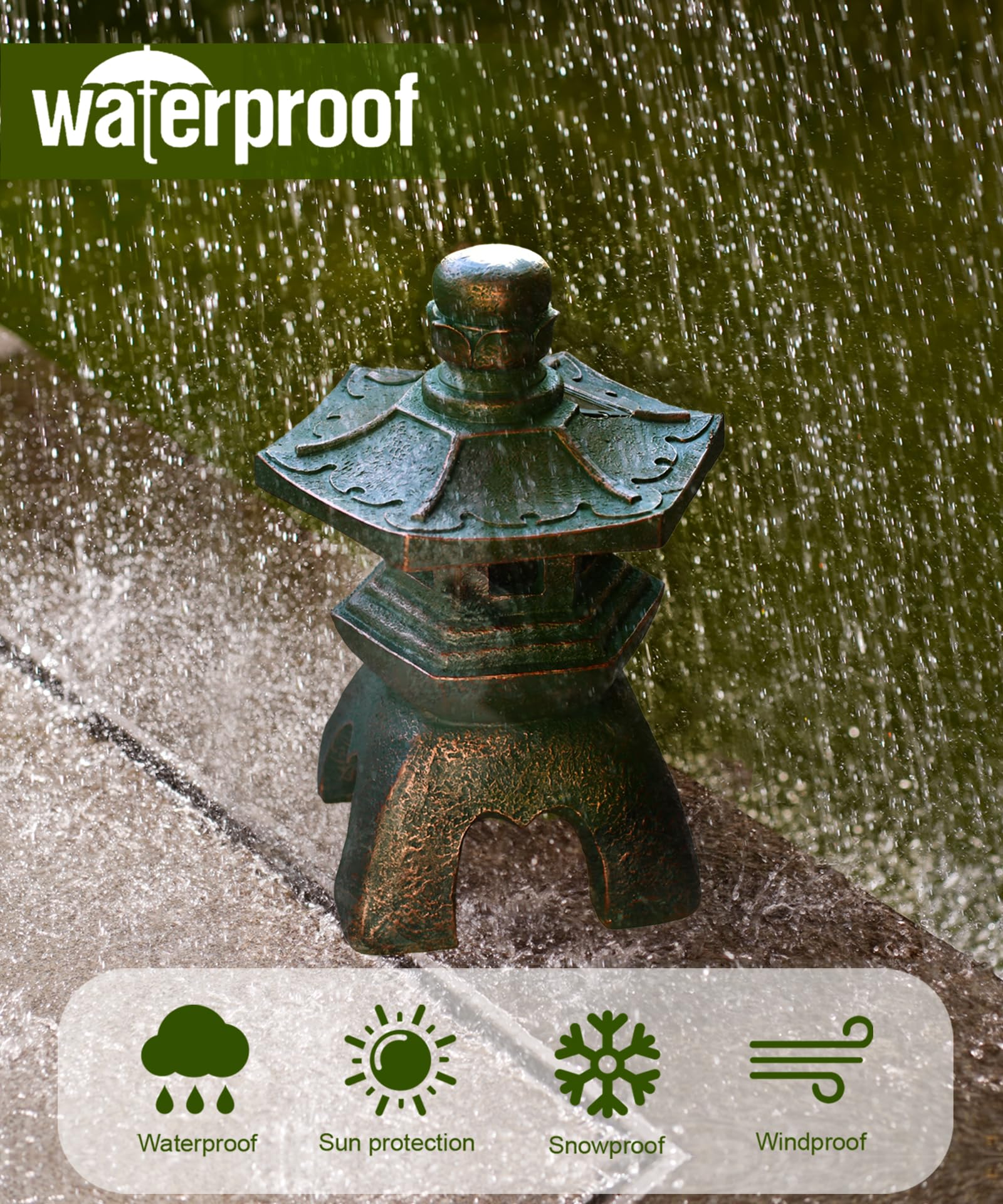 Nacome Solar Pagoda Lantern, Copper Polyresin Garden Statue, Indoor/Outdoor Zen Decor, Patio Yard Art