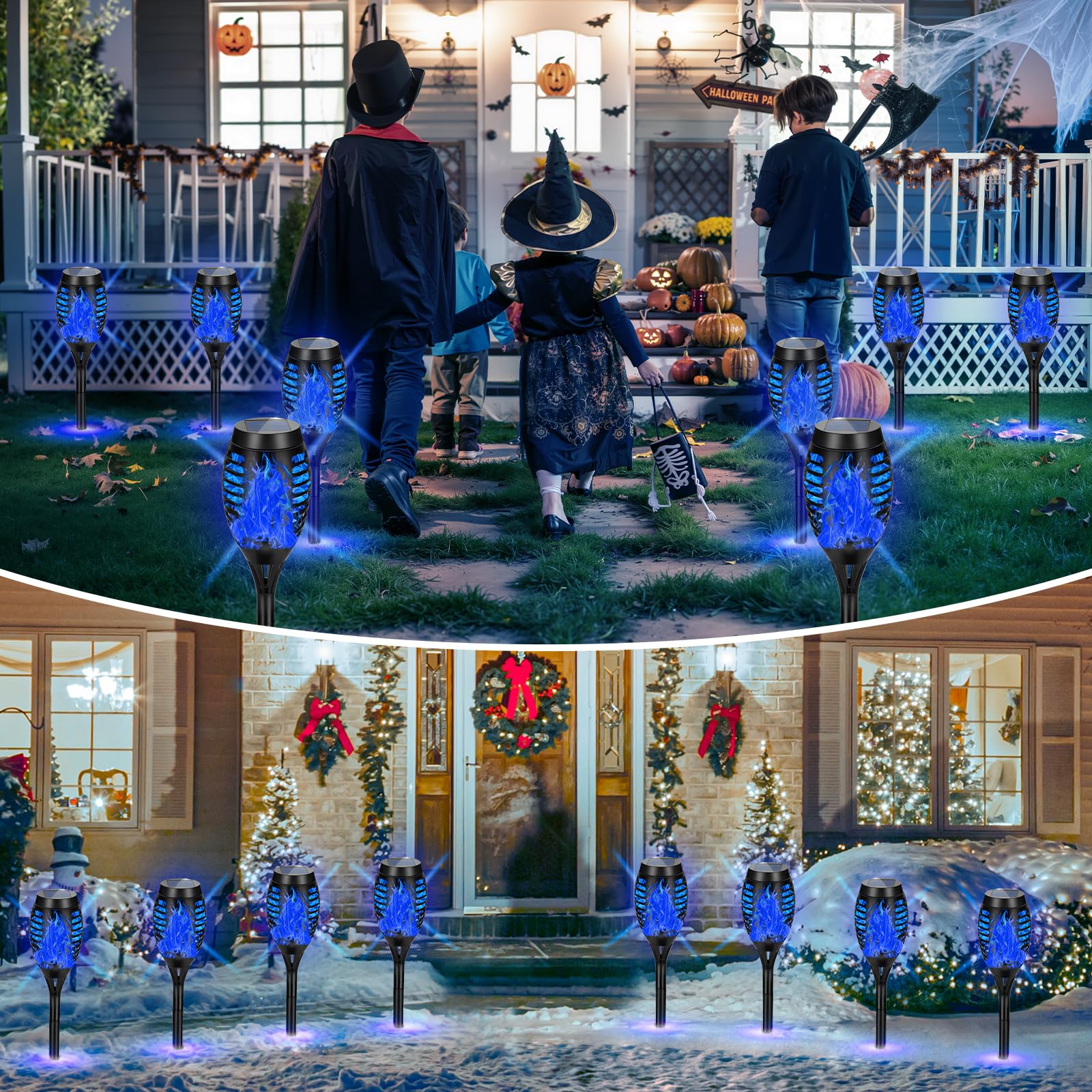 AOUNQ Solar Torch Lights, 16 Pack Blue Waterproof Outdoor Flickering Flame Decor, Plastic, Model 736961377713