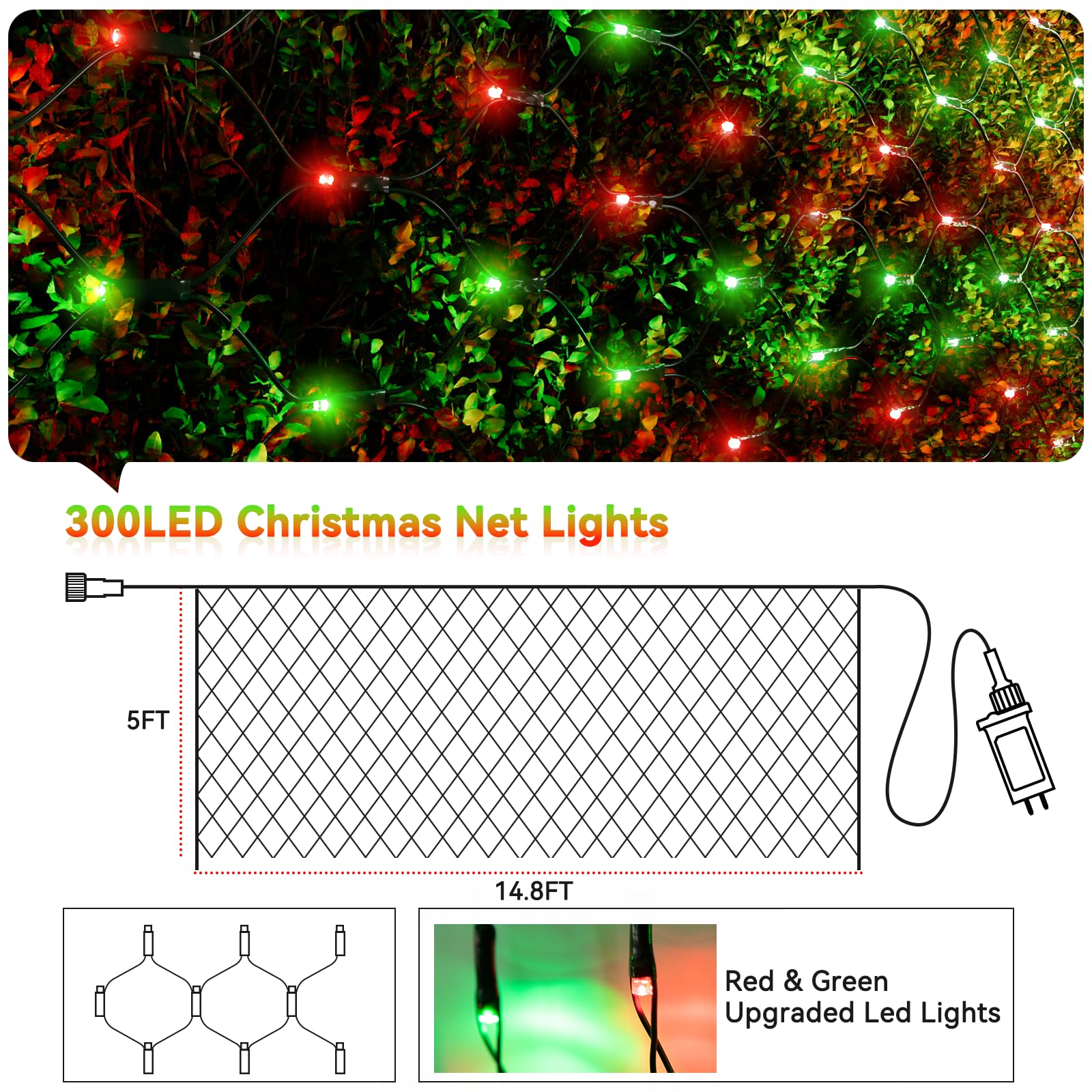 Lithome 14.8Ft X 5Ft Christmas Net Lights Outdoor  300 Led Red Green Bush Lights With 8 Modes  Connectable Waterproof Net Mesh Light Dark Green Wire For Bushes Shrubs Outdoor Christmas Holiday Decor