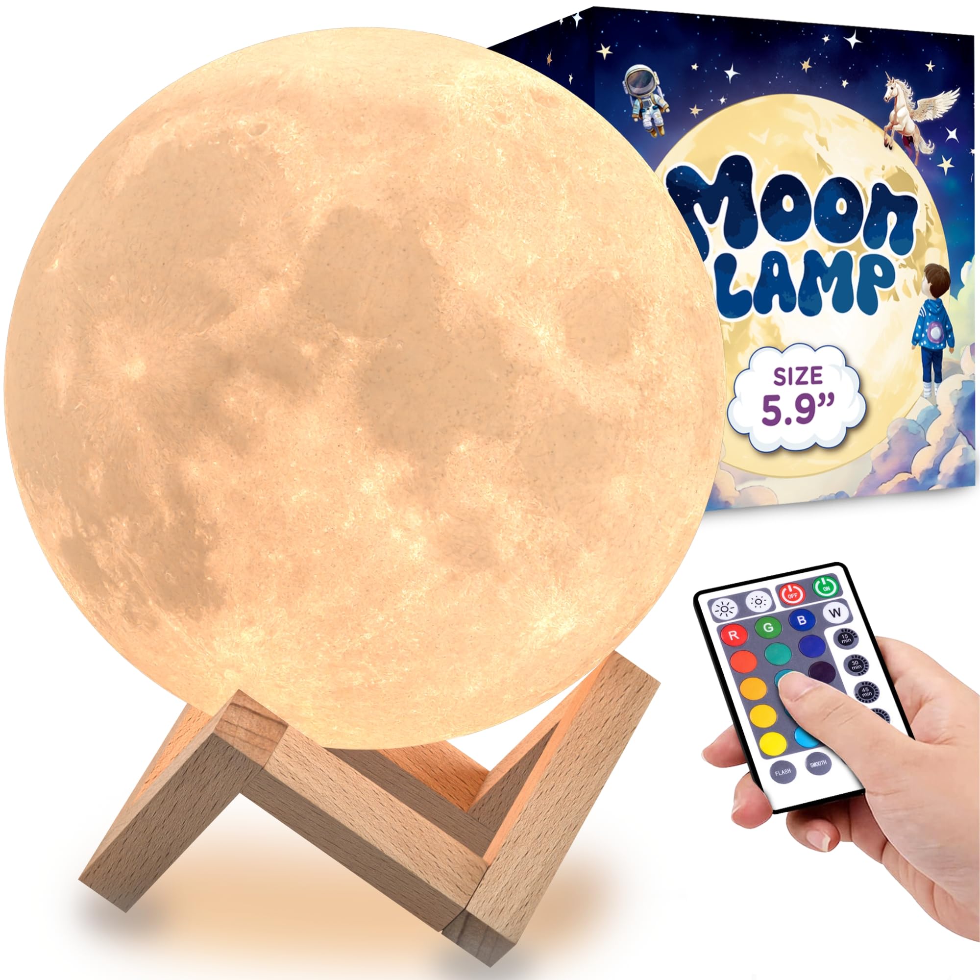 Mind-Glowing 3D Moon Lamp - Multi Color LED Night Light - 5.9 Inch - Honey Brown Stand - Model MG ML01