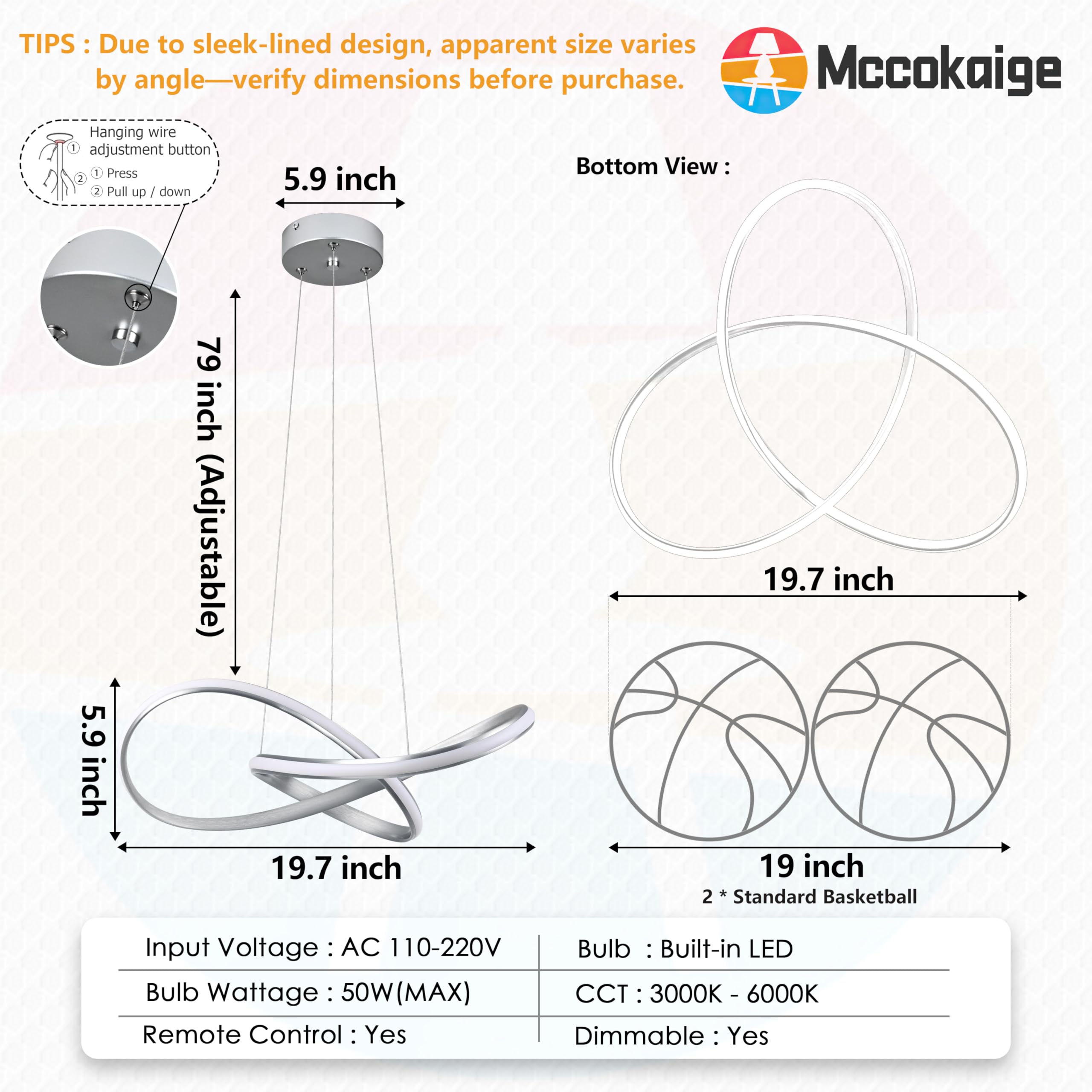 Mccokaige Modern LED Pendant Light Fixture, Nickel, Dimmable Remote Control, 19.6in, Model SYC-50-N