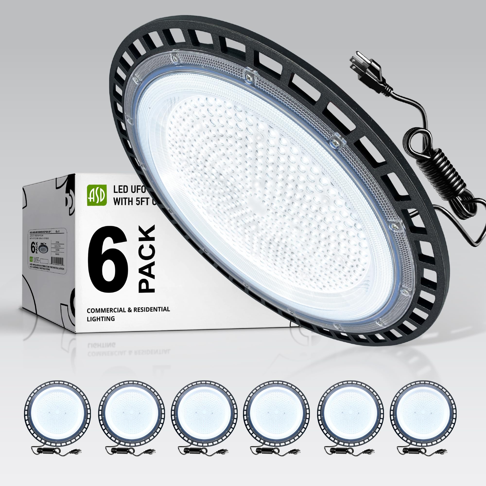 ASD 200W LED Low Bay Lighting, Ceiling Pendant Work Light - 5FT Plug-in Cord, IP65 Waterproof, Low Profile - 23900LM 5000K 120-2