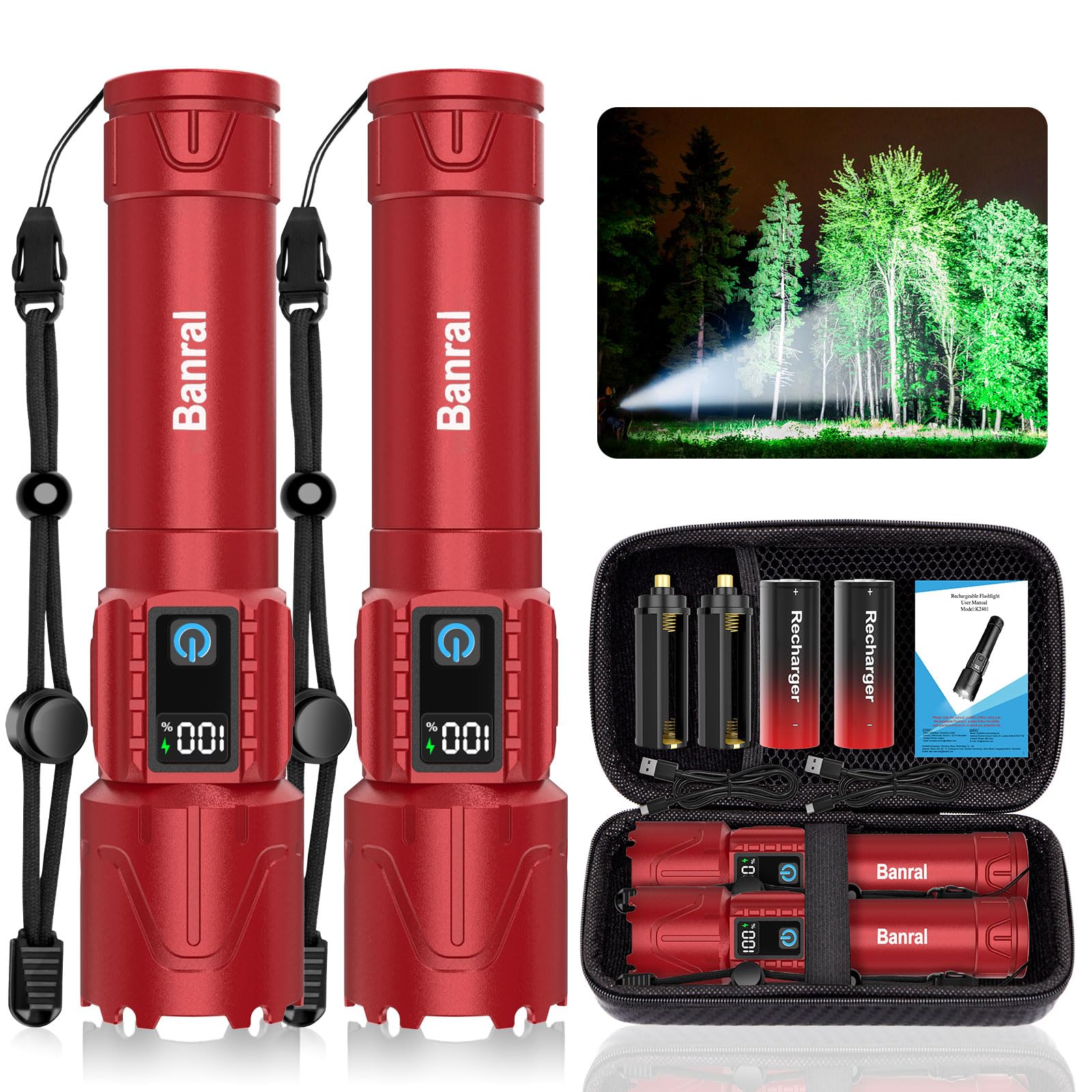 Banral Rechargeable Tactical Flashlight - 5000mAh, 5 Modes, Zoomable, Waterproof, Red, Model K-2401-B
