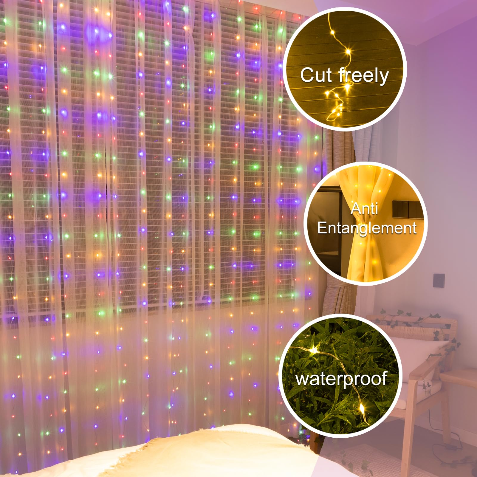 Sinamer Pixie Curtain String Light With Untangled Wires, Multicolor Curtain Light For Bedroom, Usb Powered 8 Modes Remote Fairy Light For Home Wedding Party Decor