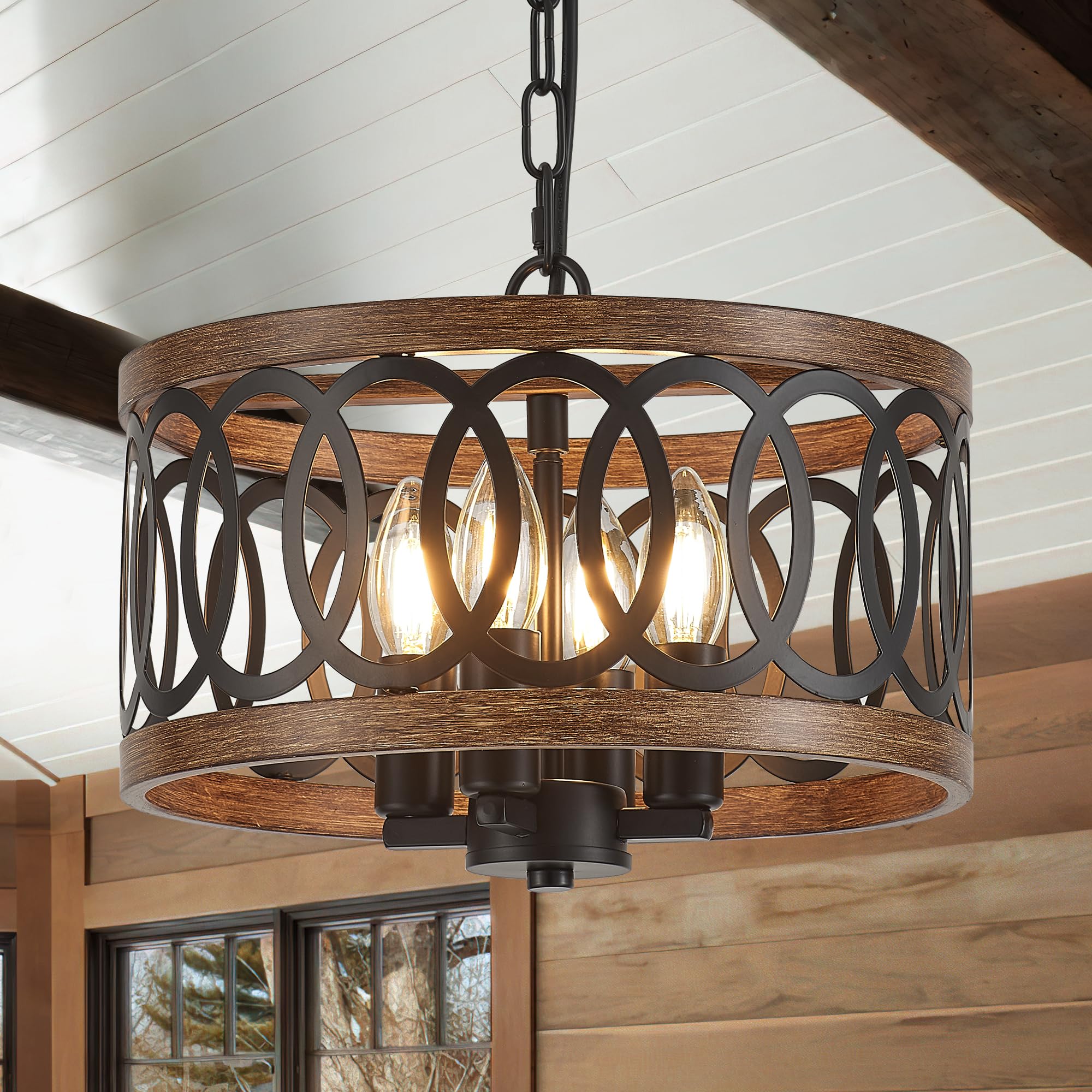 4-Light Farmhouse Drum Pendant Light,12.56'' Nature Wood Texture Vintage Rustic Chandeliers Black Metal Industrial Hanging Light
