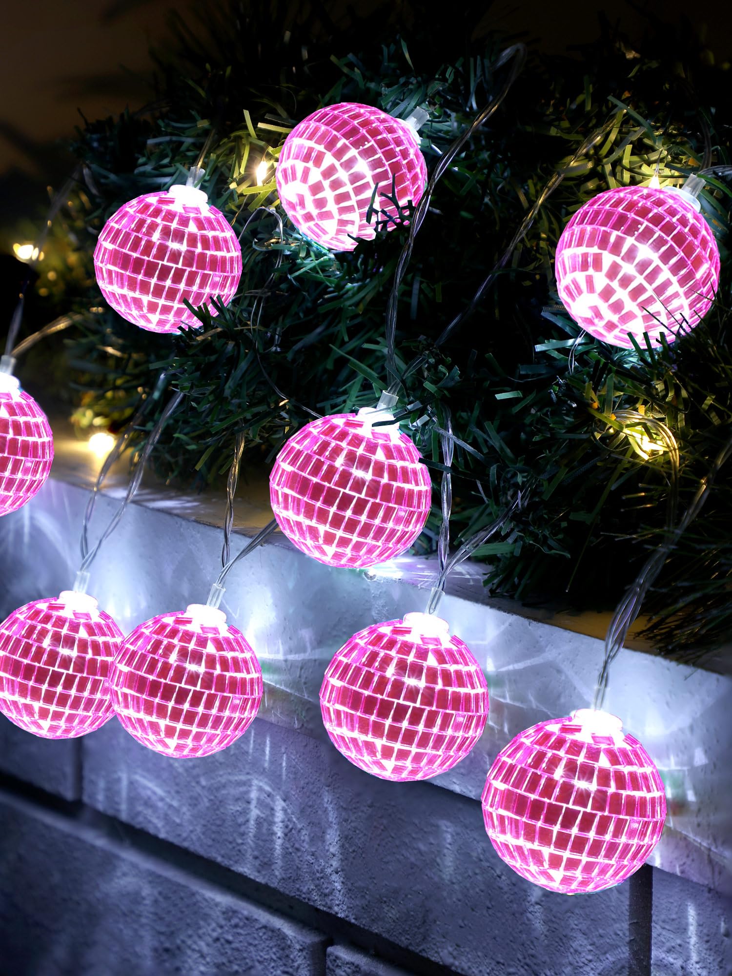Bbto Led Disco Ball String Light Battery Powered Mirror Balls Ornaments For Outside Backyard Porch 70S 80S Disco Party Supplies(1.57 Inch Rose Pink)