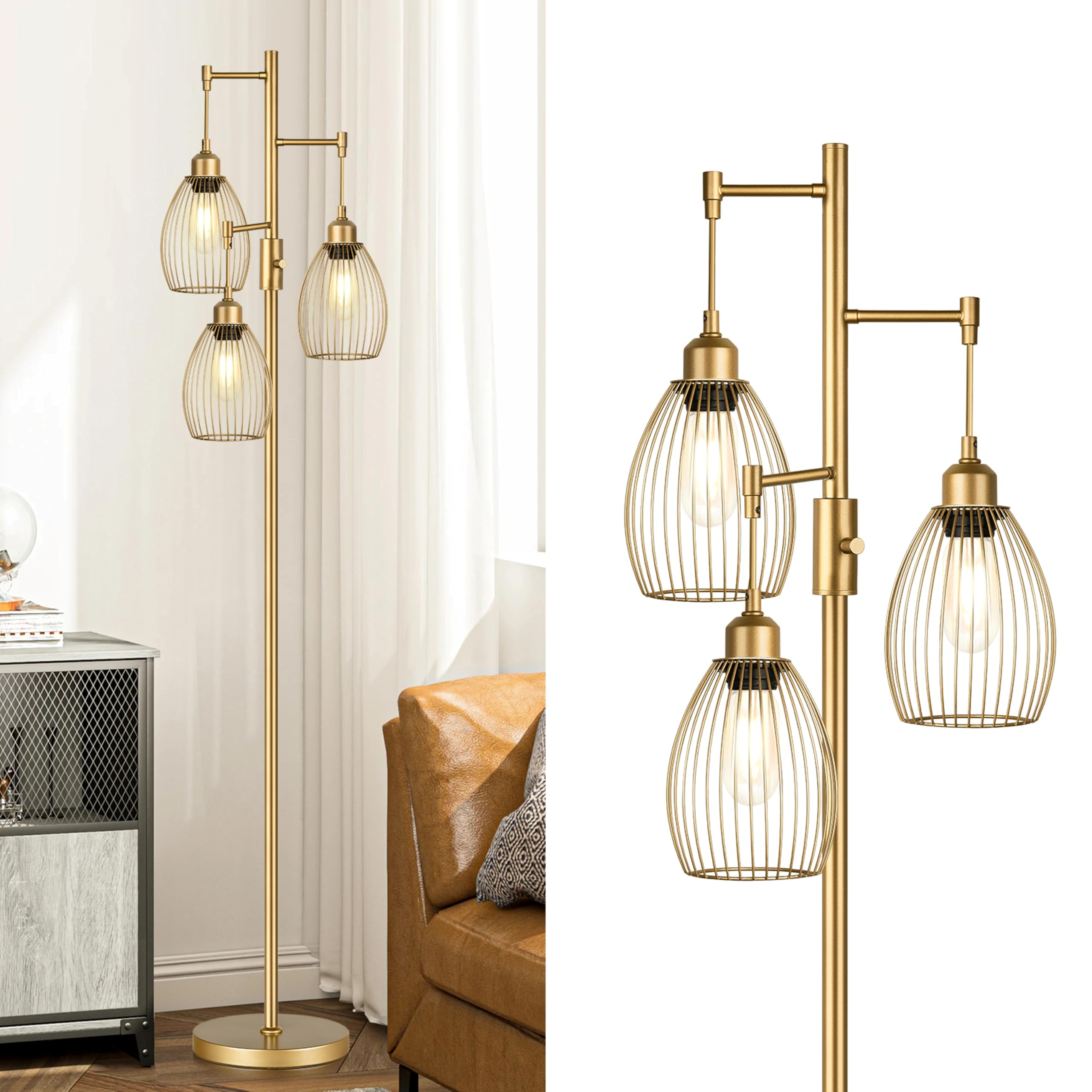 Torondo Dimmable Floor Lamp, Gold Metal, 68 inches, Model FL1908, Industrial Design, 800 Lumens, Teardrop Cage Head
