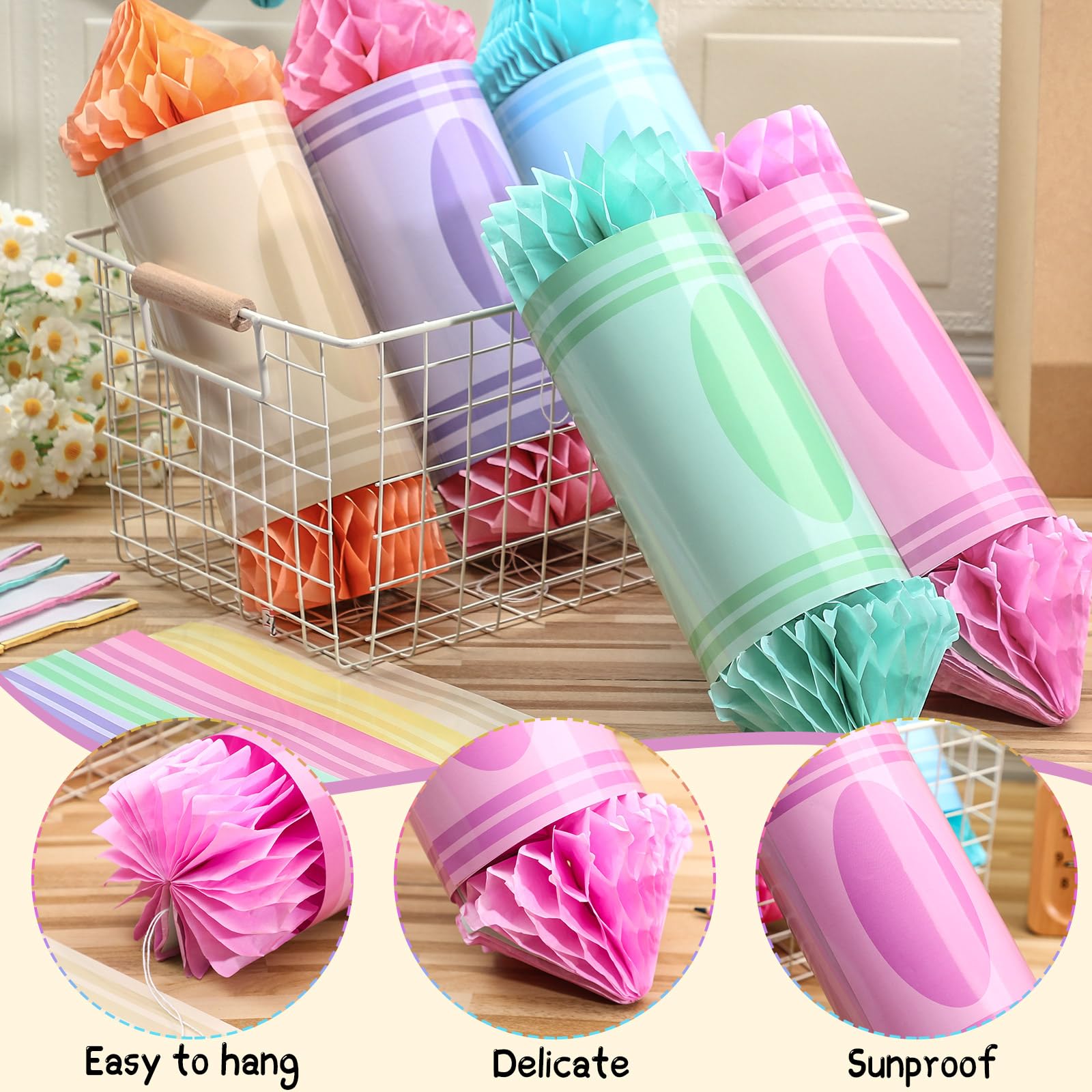 Retisee 12Pcs Crayon Hanging Honeycomb Lanterns Decor Preschool Kindergarten Graduation Decorations Colorful Classroom Ceiling D