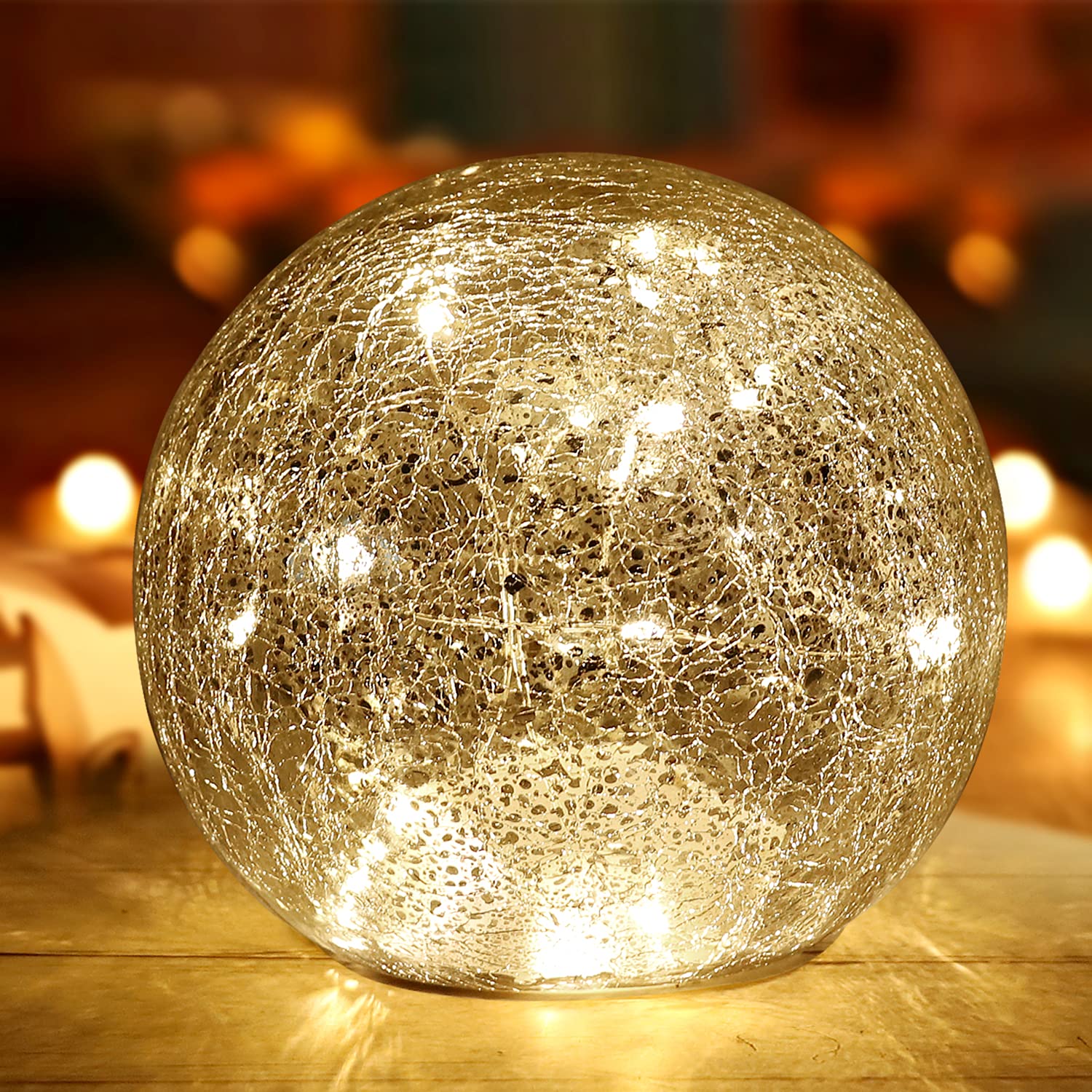 Mercury Crackle LED Glass Globe Ball Lamp, Battery Operated Night Light for Girls, Birthday, Halloween,Christmas - Decorative Gi