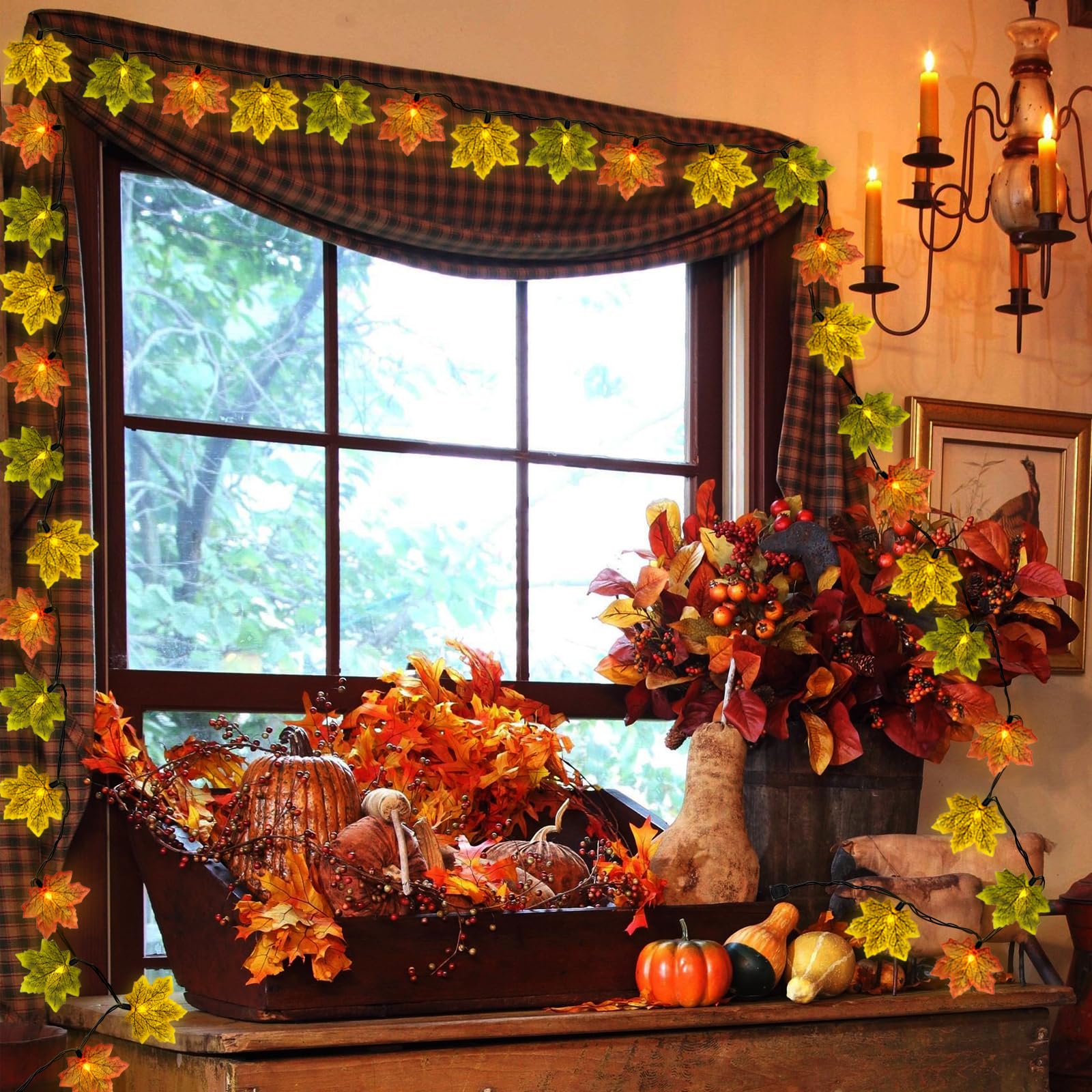 13.6FT Fall Lights Thanksgiving String Lights, 35LED Orange Yellow Green Maple Leaf String Lights Plug-in Fall String Lights for