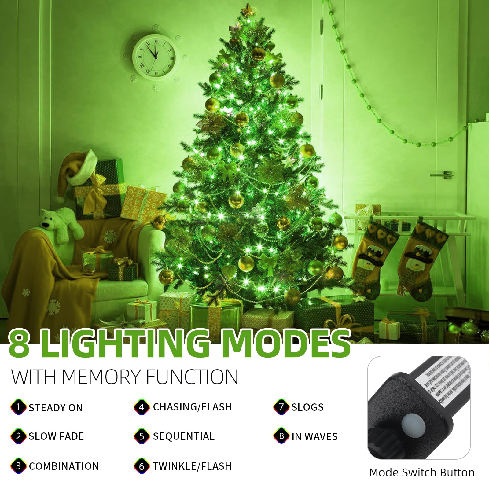 Mzd8391 Upgraded 105Ft 300Leds Christmas Lights Outdoor Indoor String Lights 8 Modes Memory Function For Christmas Tree Party Decoration (Green)
