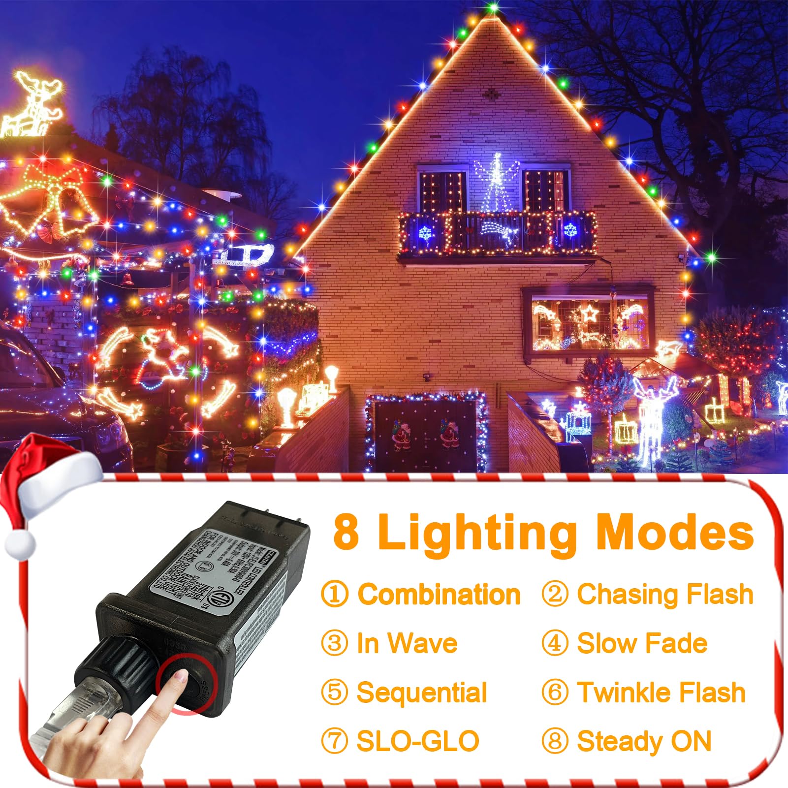 FLVOECN Outdoor Fairy Lights, Waterproof Plug-in String Lights, 98Ft, 200 LED, Multicolor, F8 Model