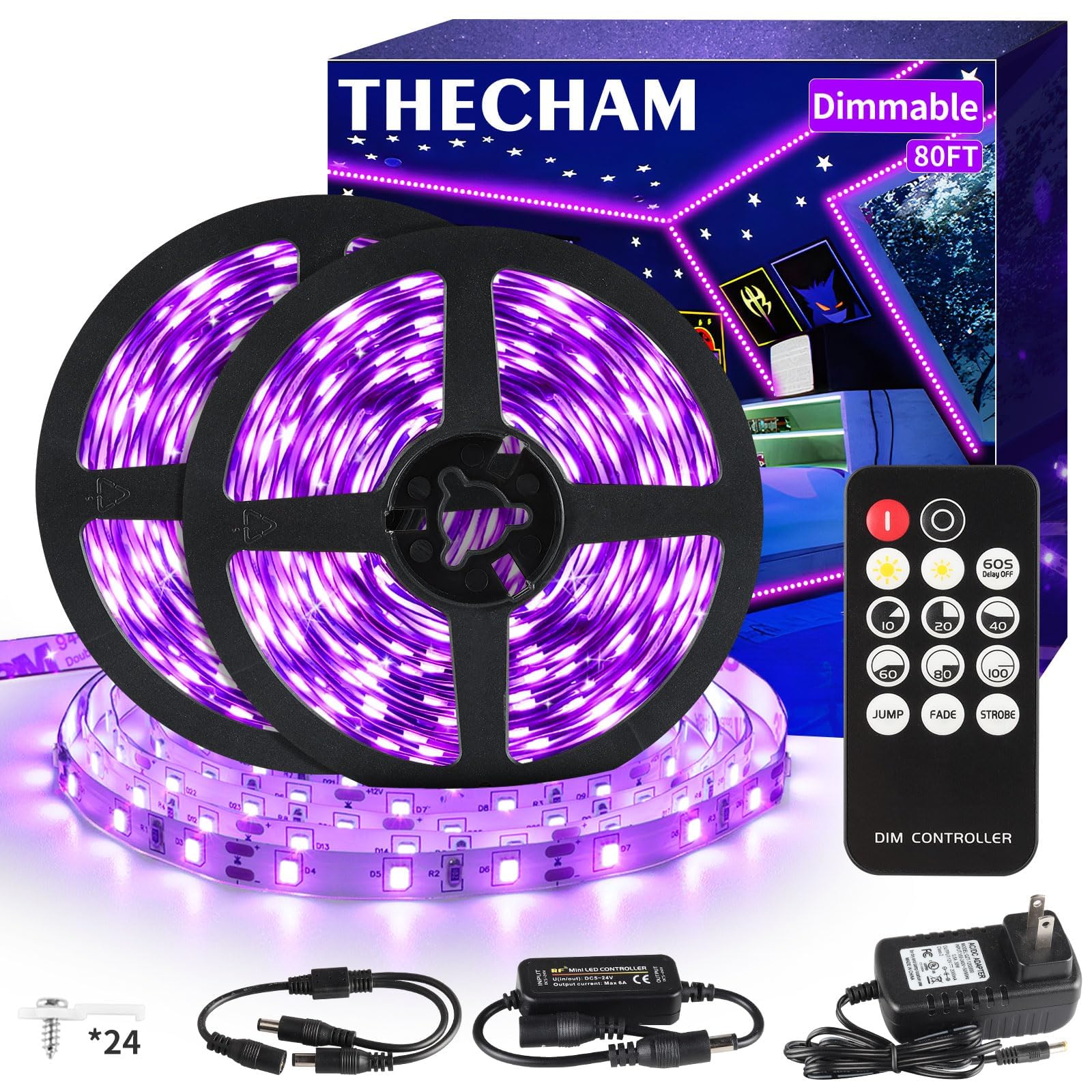 THECHAM 80ft Black Lights Strip with Remote, 1440 LEDs, 12V Flexible Blackights for Glow Party, Adjust Brightness, Delay Off, 3 