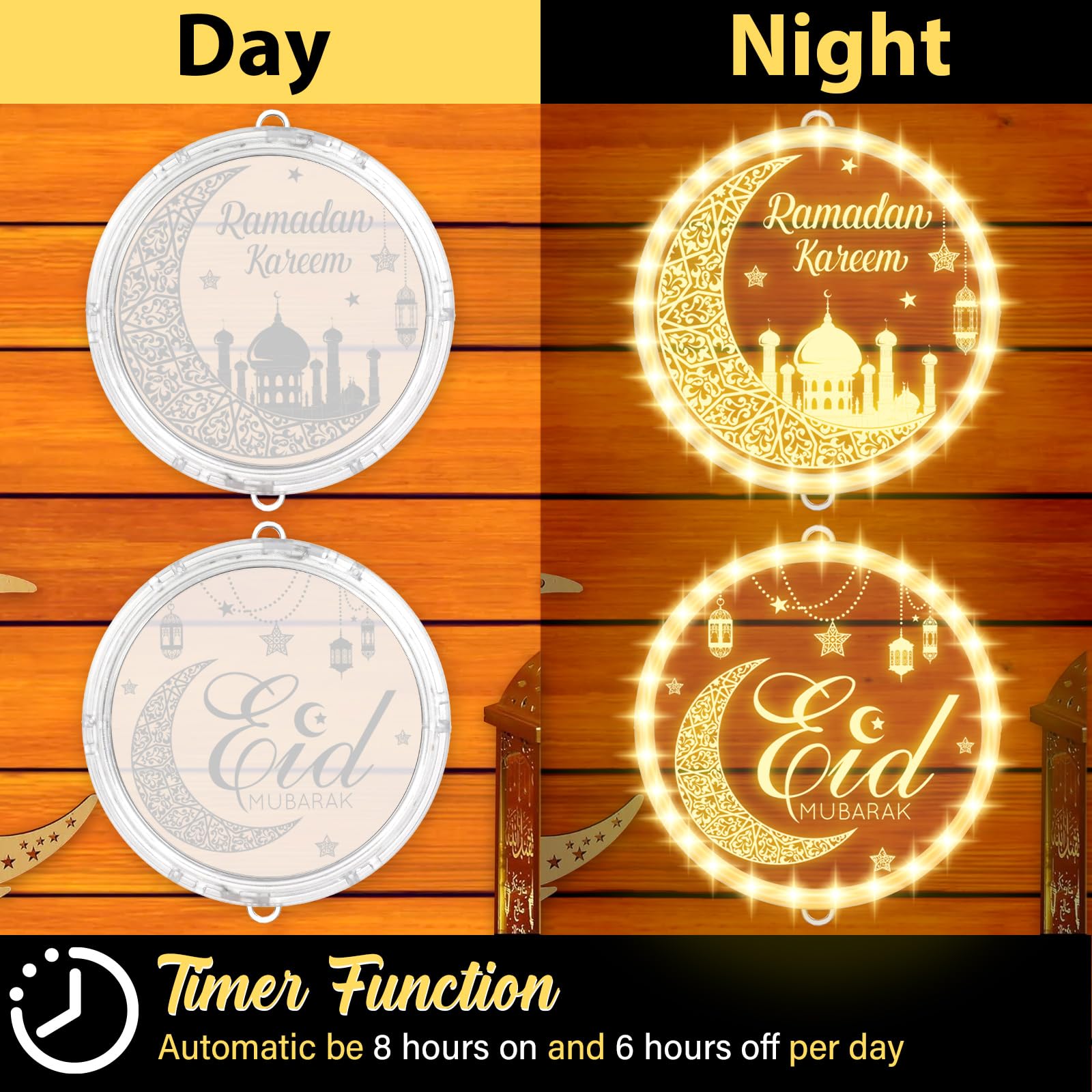 gisgfim 3D Eid Ramadan Mubarak Lights - Battery Operated, Acrylic, White, Model MM1518, Indoor/Outdoor Decoration