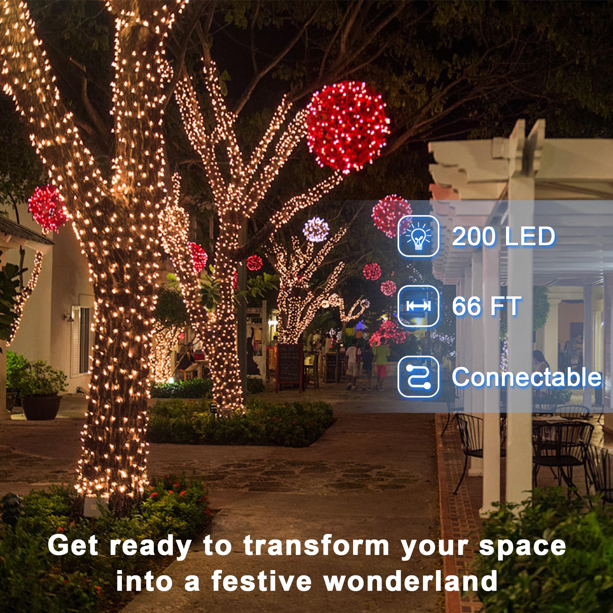 200 Led 66Ft Christmas String Lights Indoor Outdoor  8 Modes Christmas Fairy Lights With Timer & Momory  Ip44 Waterproof Christmas Tree Lights For Xmas Patio Yard Fence Balcony Garden (Warm White)