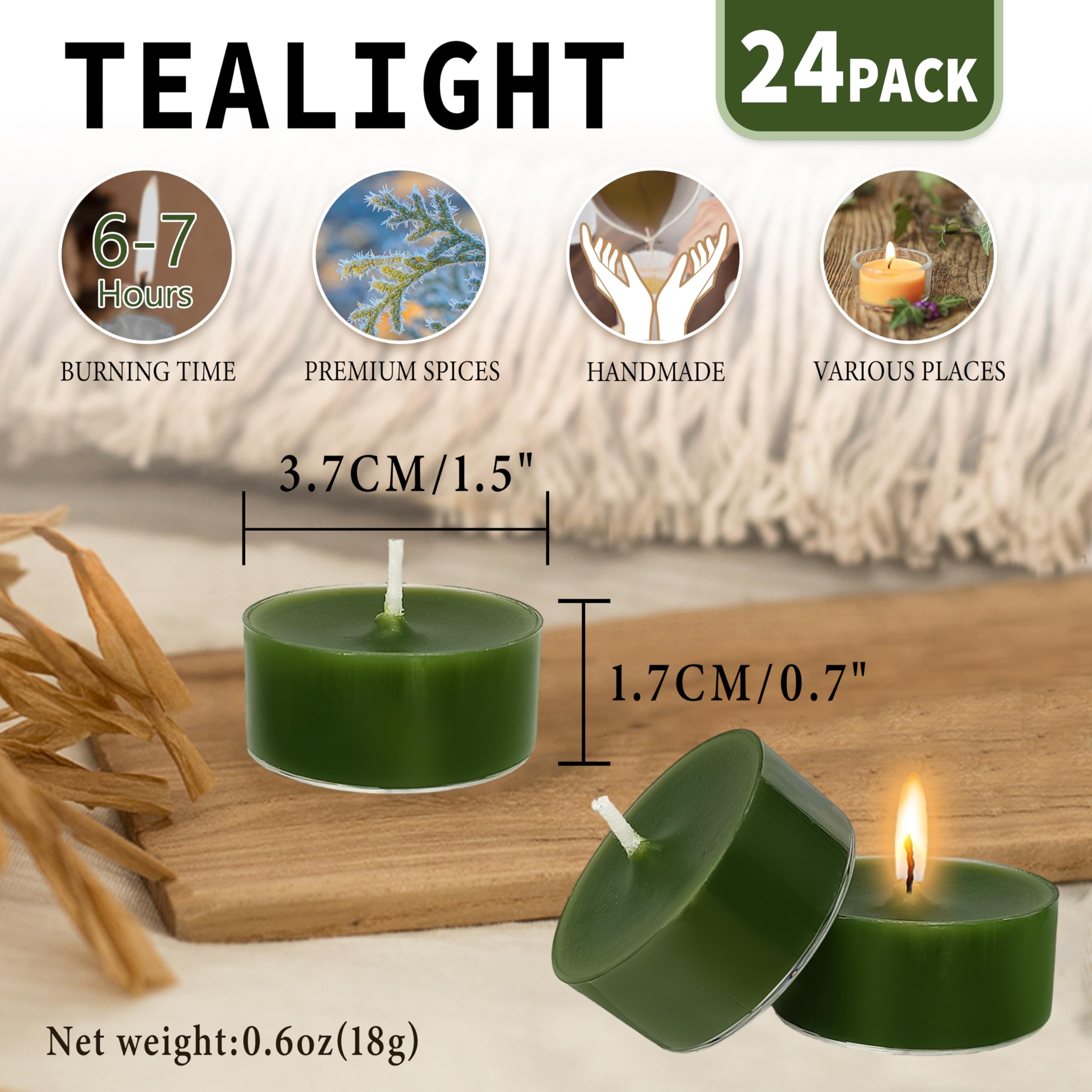 FCMSHAMD Cedar Scented Tealight Candles, Paraffin Wax, Dark Green, 1.5x0.7 In, 24 Pack, 5 Hour Burn Time