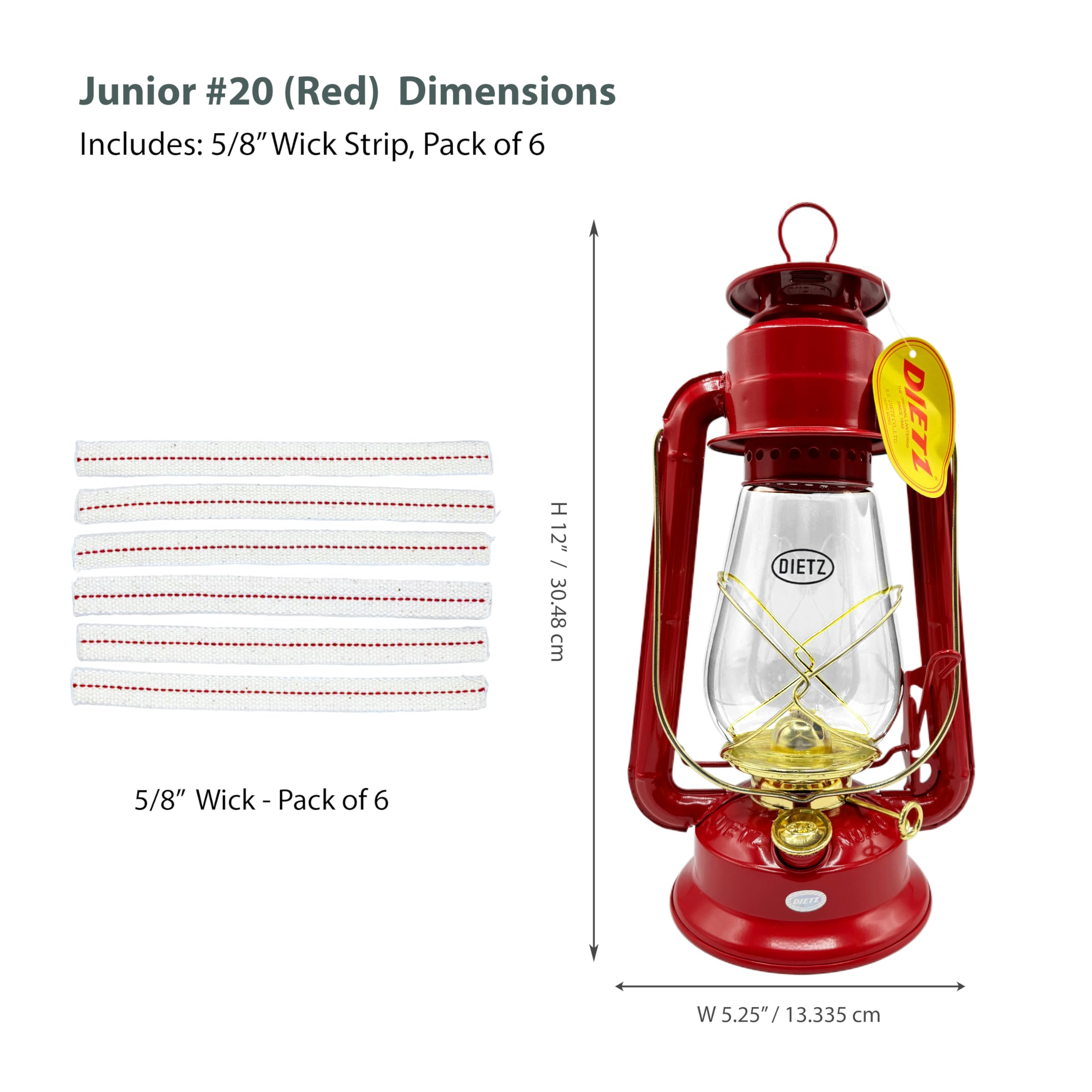Light of Mine - Dietz #20 Junior Red with Gold Trim Oil Lantern with 100% Cotton 5/8 Replacement Wick Strips (Red with Gold Trim
