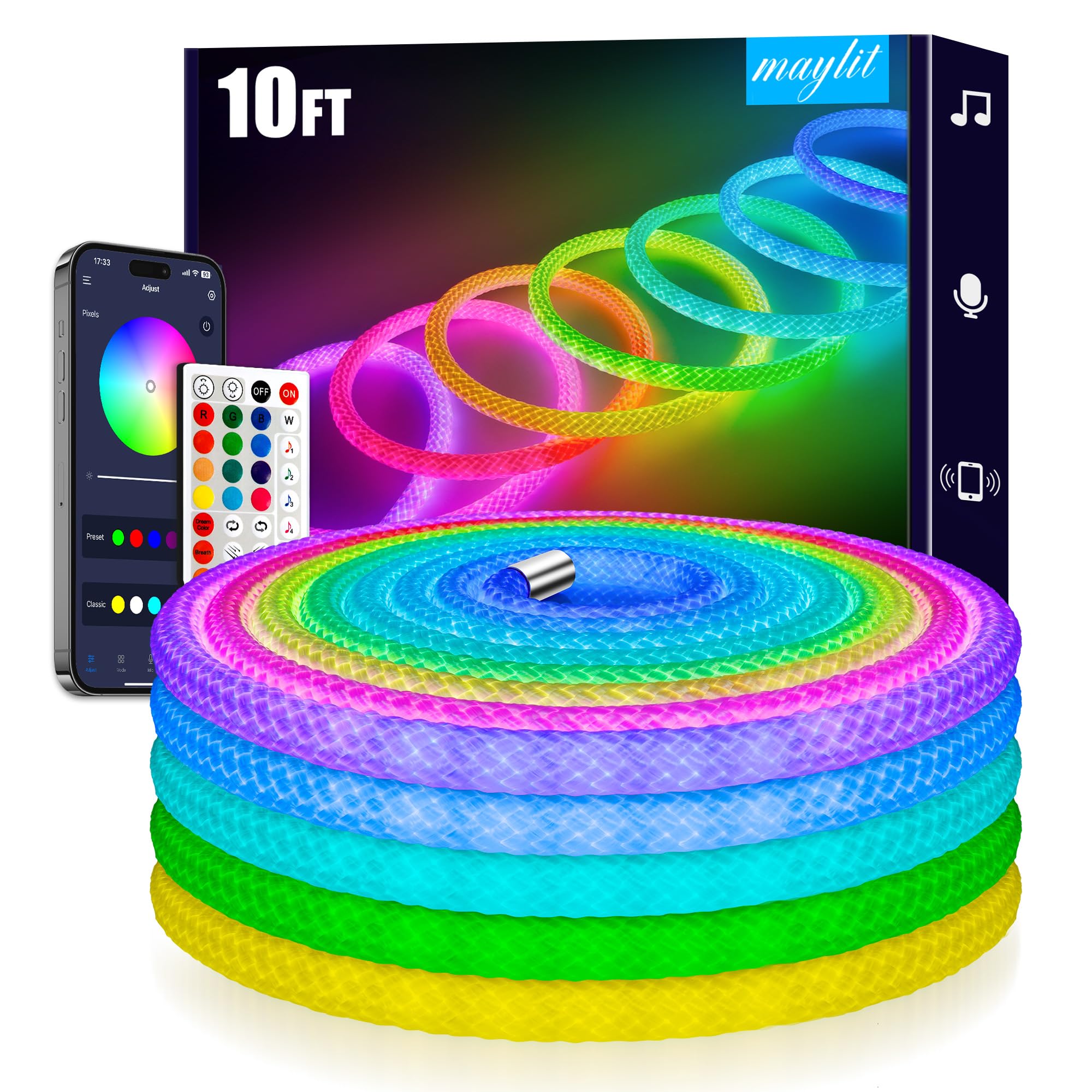 maylit 360 Degree Luminous Reticulate Weave Rope Lights  10ft Addressable ICRGB LED Band Lights  Music Sync  DIY Design  USB Powered Flexible LED Lights for Gaming Room Living Bedroom Wall Decor