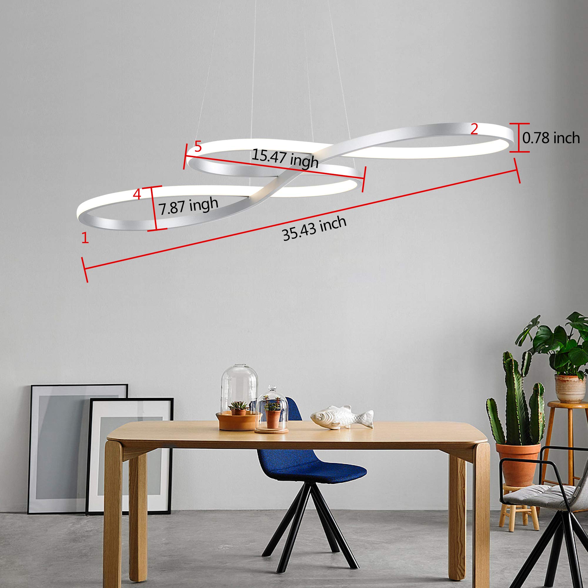 SUNMOO Modern LED Chandelier, Dimmable 60W, Remote Control, Adjustable Color/Brightness 3000-6000K, Silver, for Dining Room, Bedroom, Kitchen