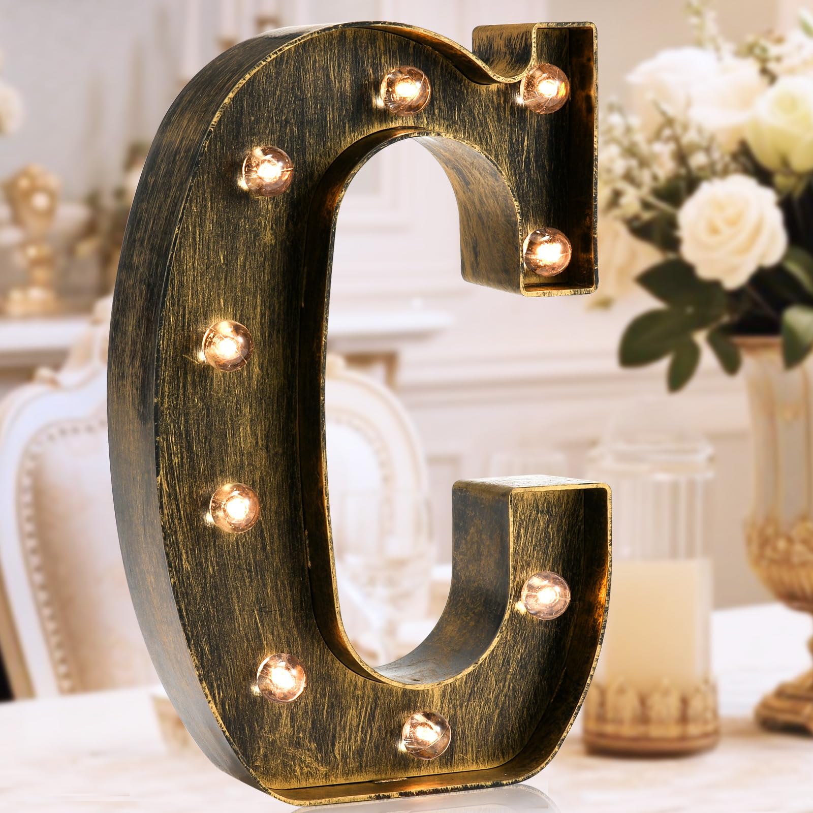 OYCBUZO Vintage Light Up Alphabet Sign - Golden Black Plastic Marquee Letter for Home Bar Decor, Cafe, Wedding, Birthday Party, Model: Vintage-Letter-03