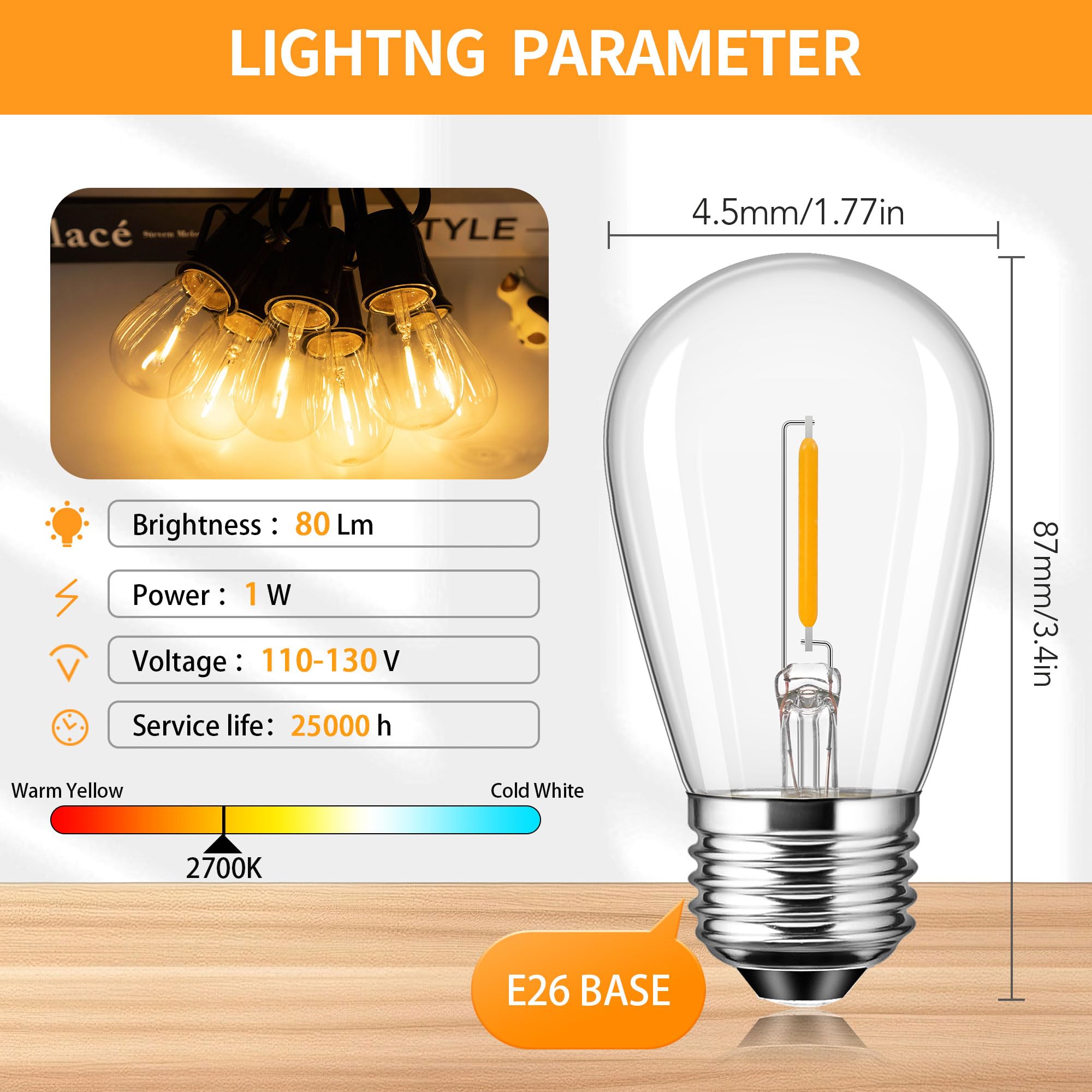 Sphoon 15 Pack S14 Replacement Led Bulbs Outdoor String Lights Bulbs Filament Edison Bulb 1W=10W For Garden Patio Party Warm Whi