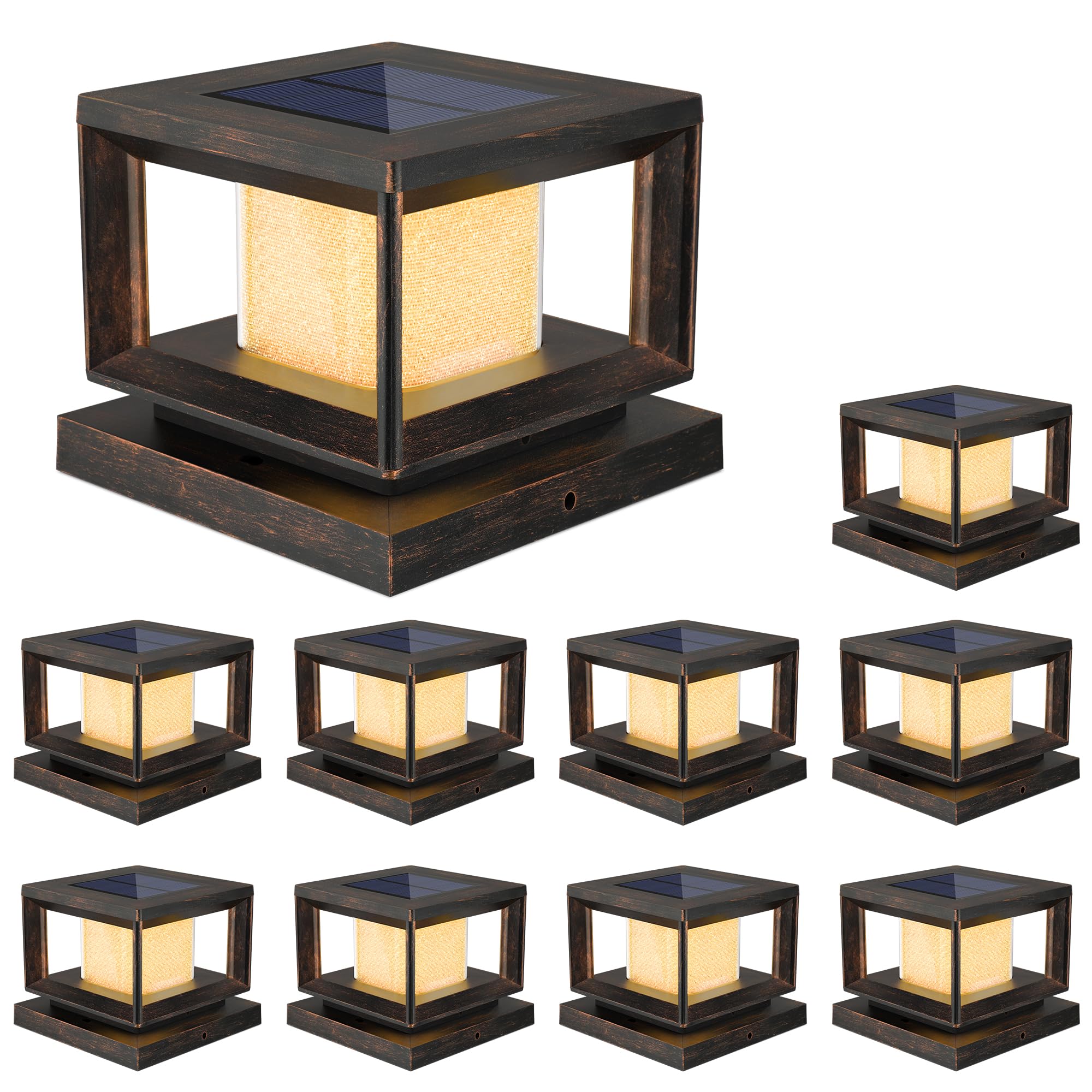 Mlambert 10 Pack Solar Post Lights Outdoor  Waterproof Fence Cap Lights for Deck  4x4 6x6 Wooden Vinyl Outdoor Light with Shinning Effect  Brown