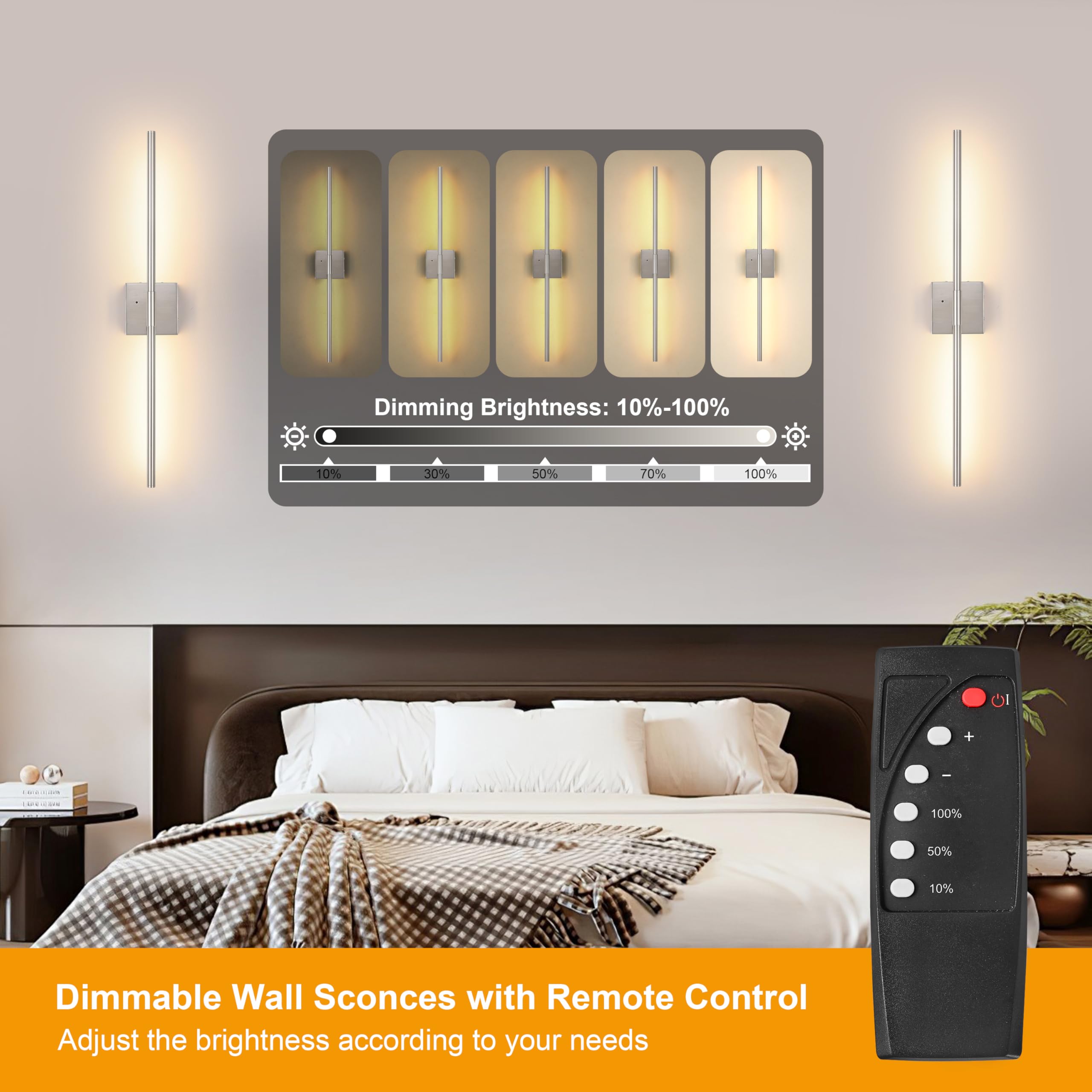 Morauroral Sand-Nickel Battery Operated Wall Sconces Set Of Two, Dimmable Wall Sconces With Remote Control, Rechargeable Sconces